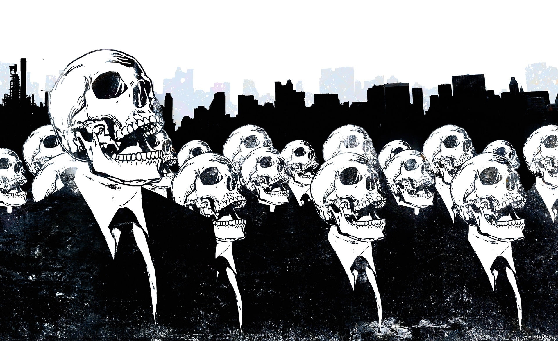 We Live No More, skeletons wearing suits illustration, Aero, Vector Art