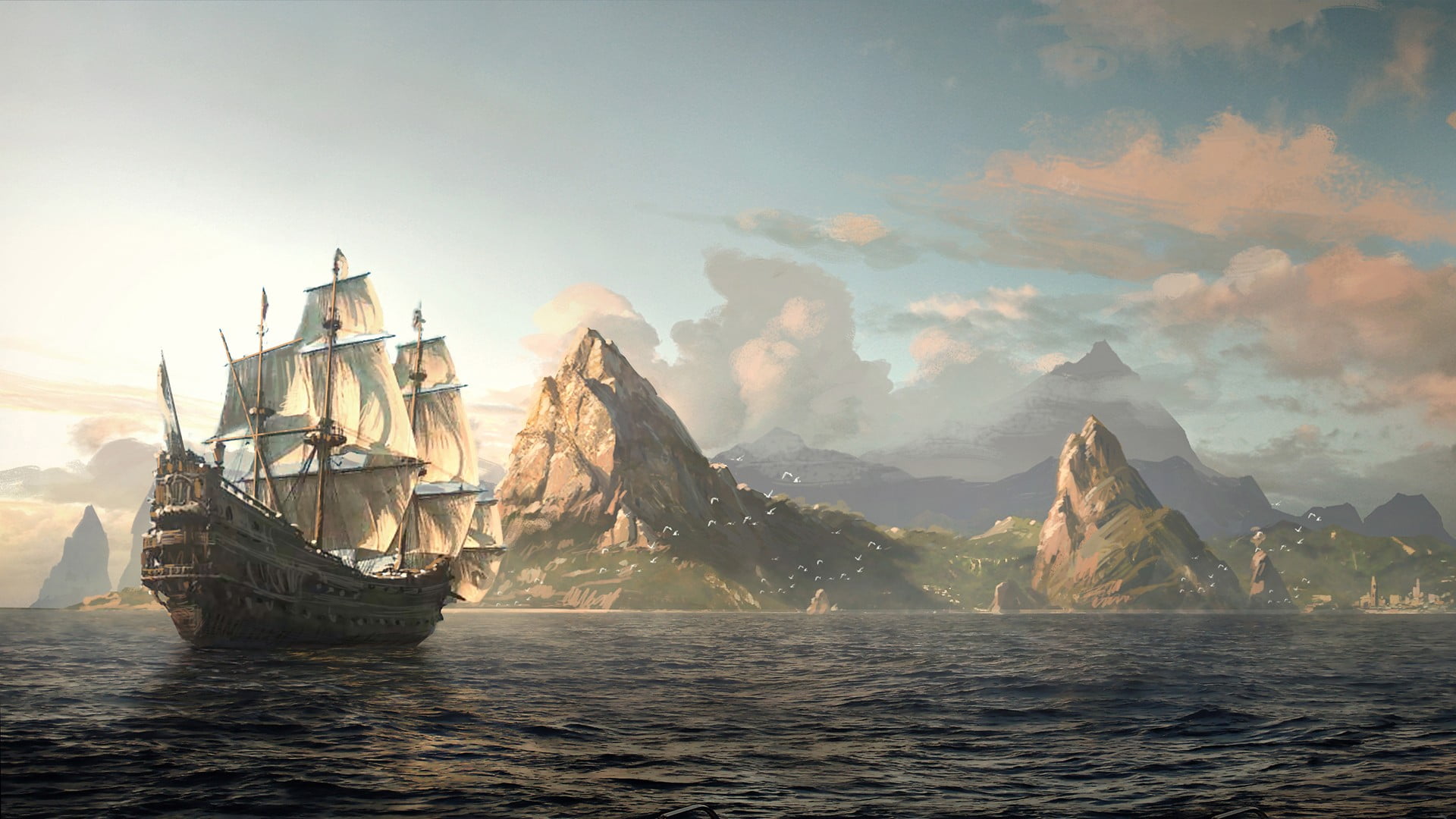 gray ship, artwork, landscape, Anno, water, nautical vessel, transportation