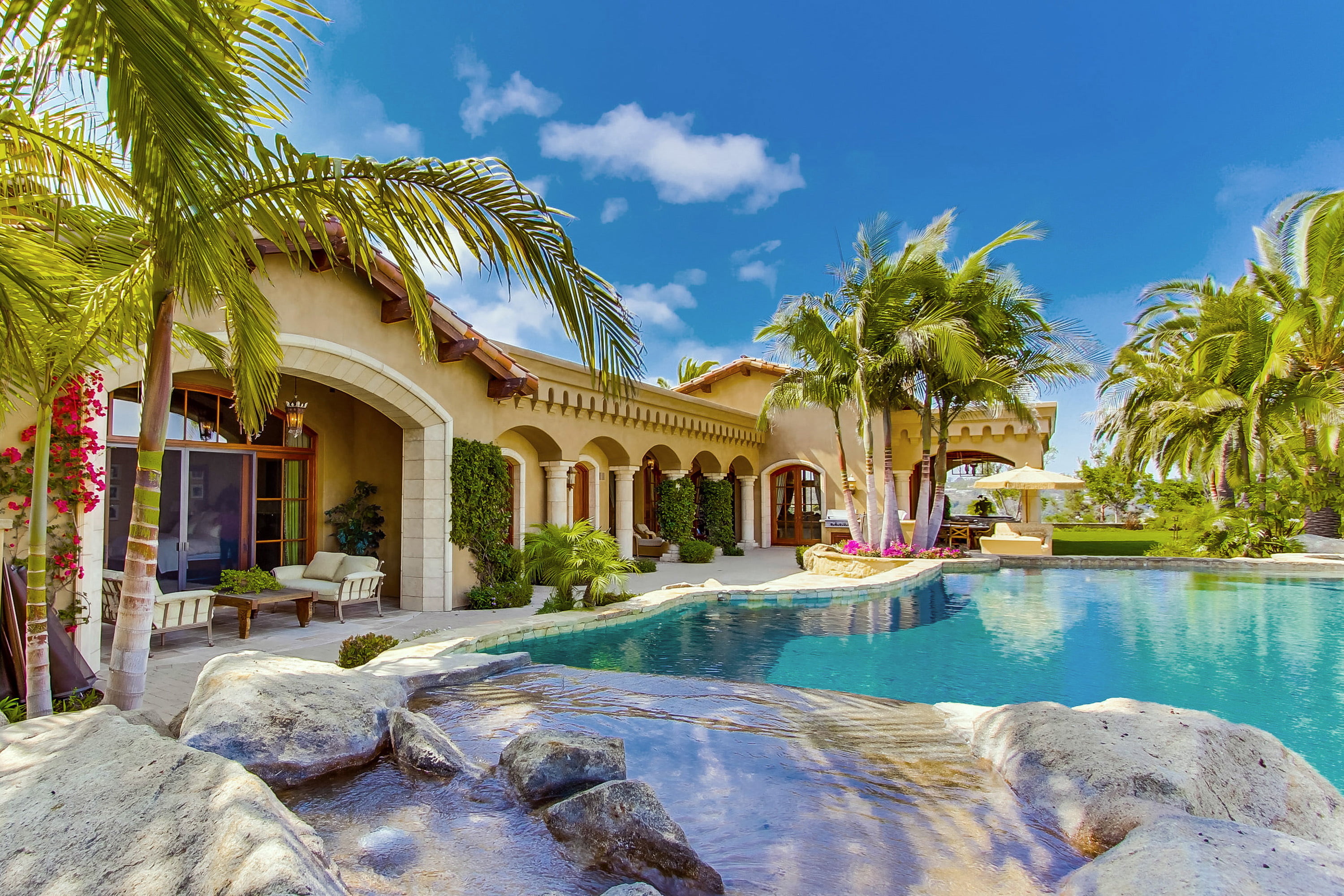beige painted house, Villa, pool, home, Palma., palm Tree, tourist Resort