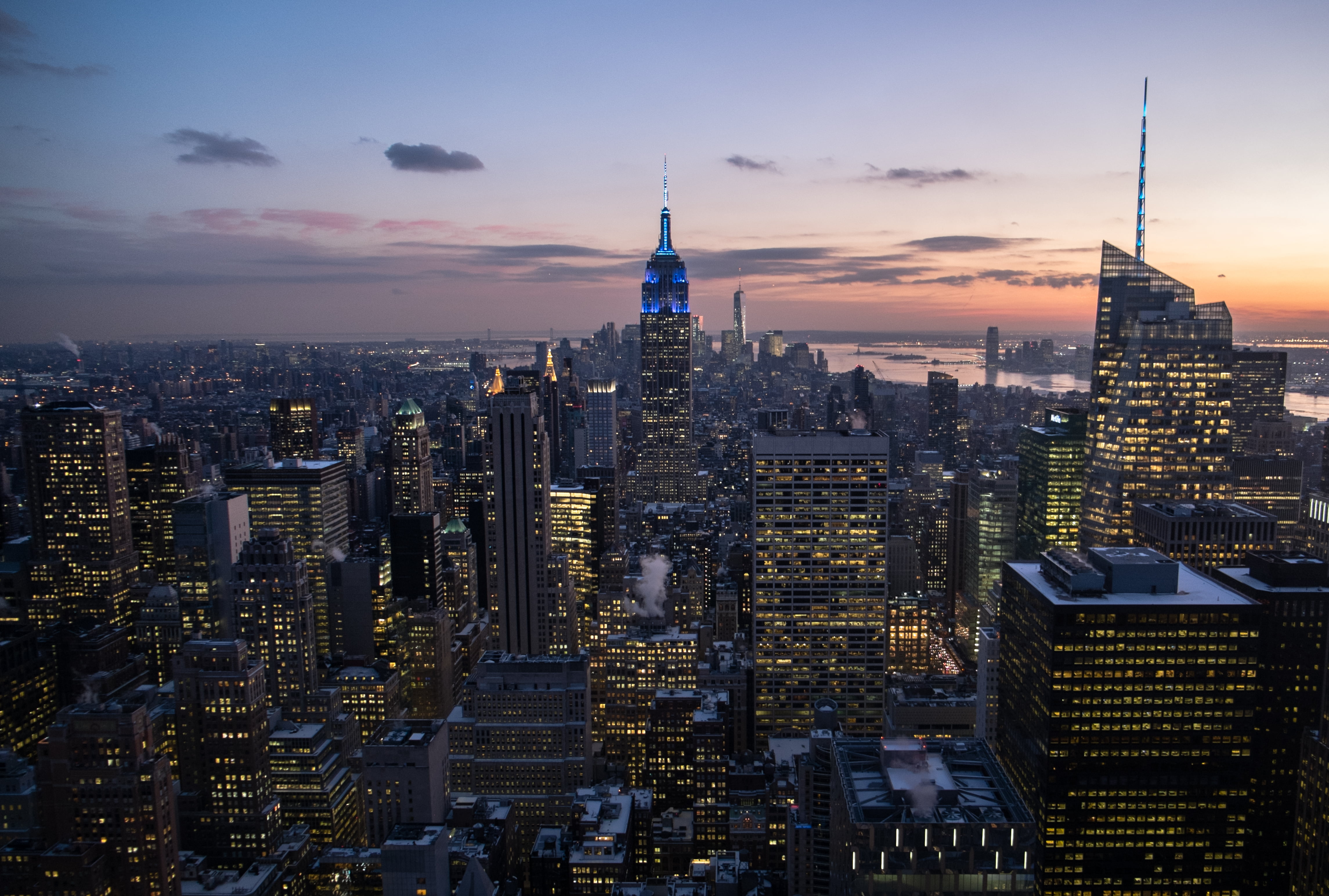 aerial view of buildings during dawn, NYC, Skyline, sunset, new york