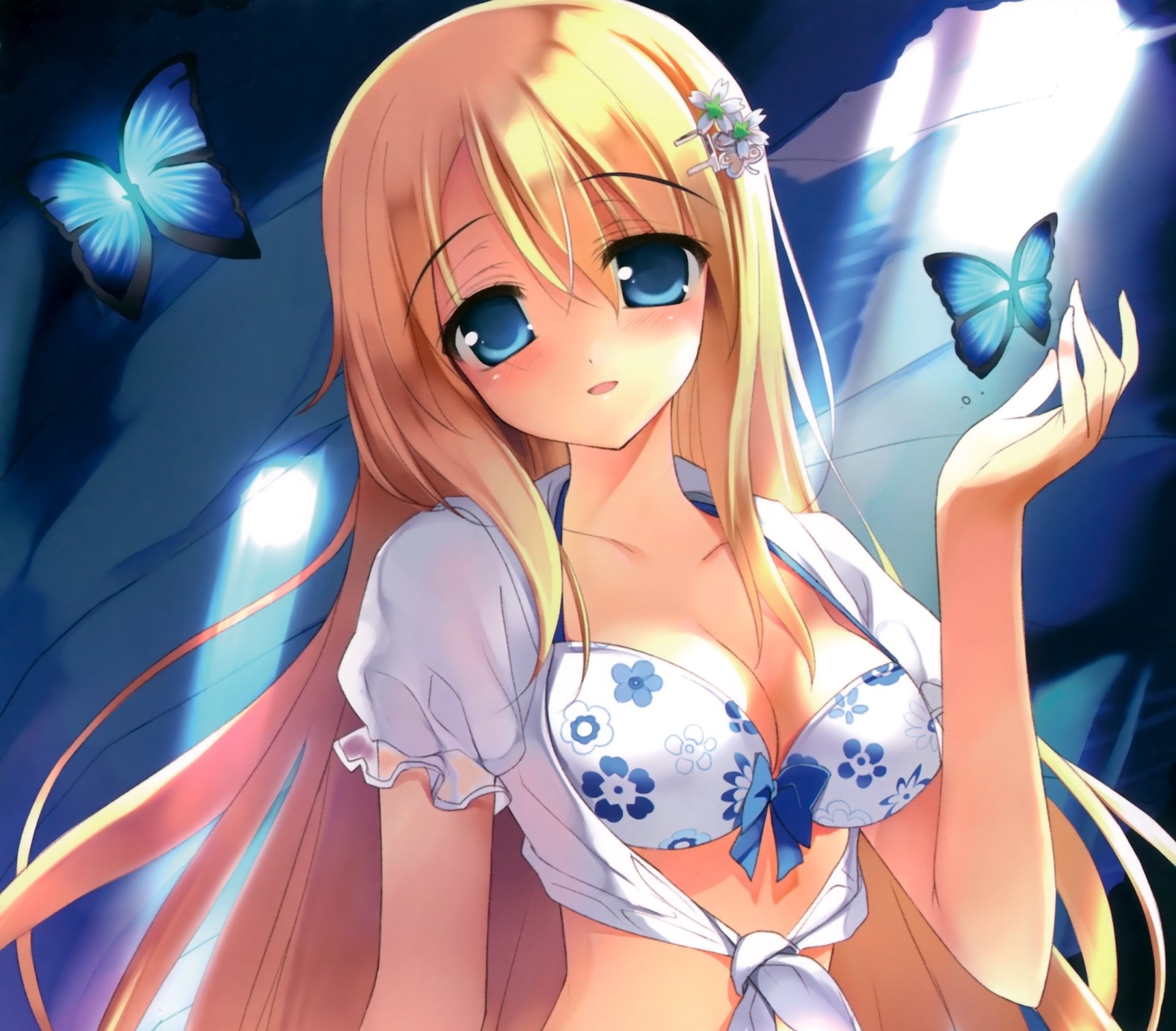 Free Download HD Wallpaper Anime Original Bikini Blonde Blue Eyes Blush Butterfly