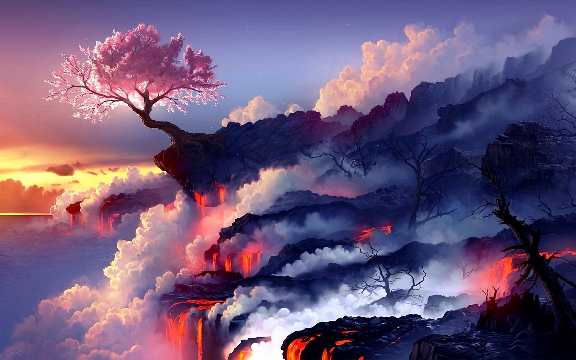 cherry blossom tree near flowing lava digital wallpaper, digital art