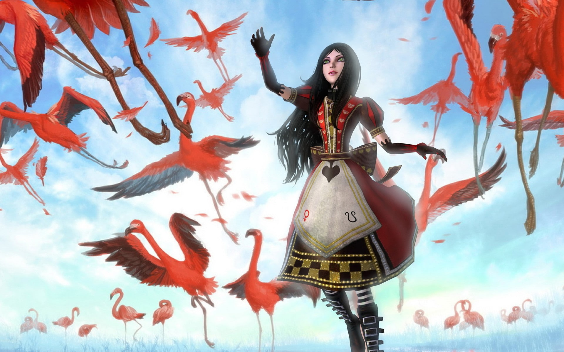 alice, anime, birds, brunettes, clouds, dreaming, dress, flamingos