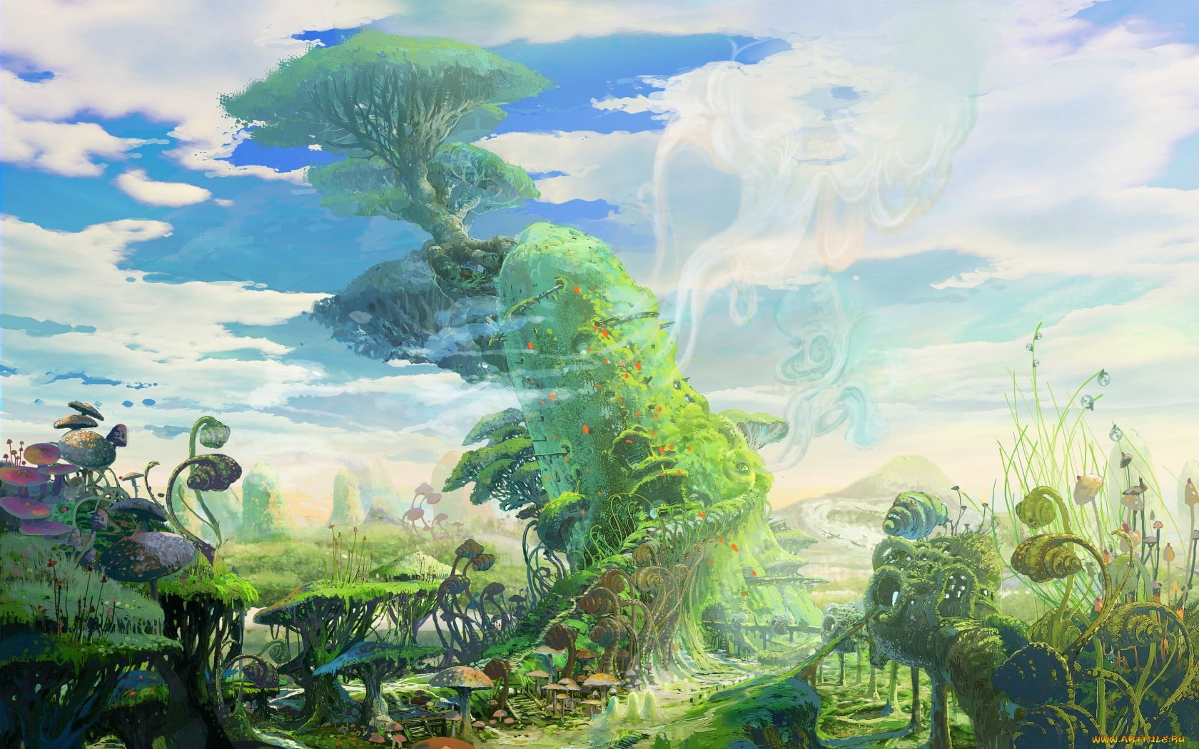 green forest painting, fantasy art, plants, ferns, sky, cloud - sky