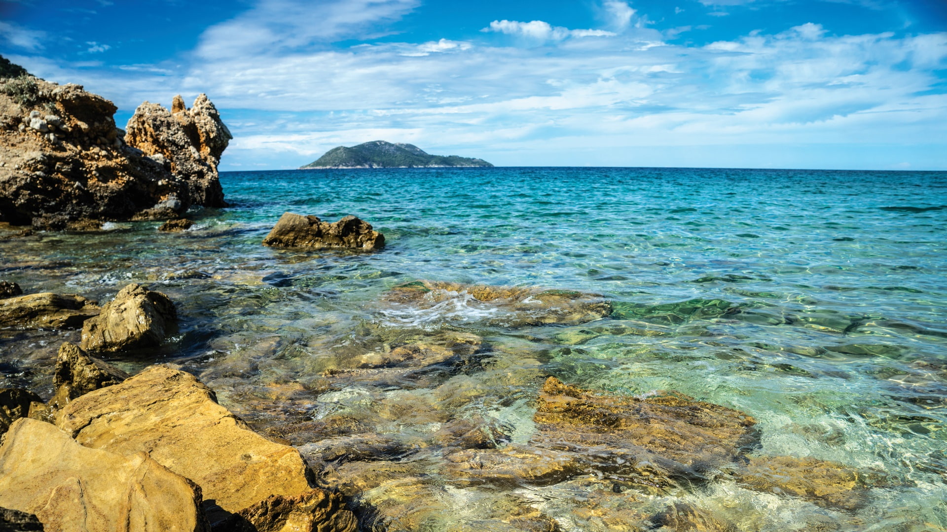 sea, rock, beach, island, horizon, sazan island, karaburun peninsula