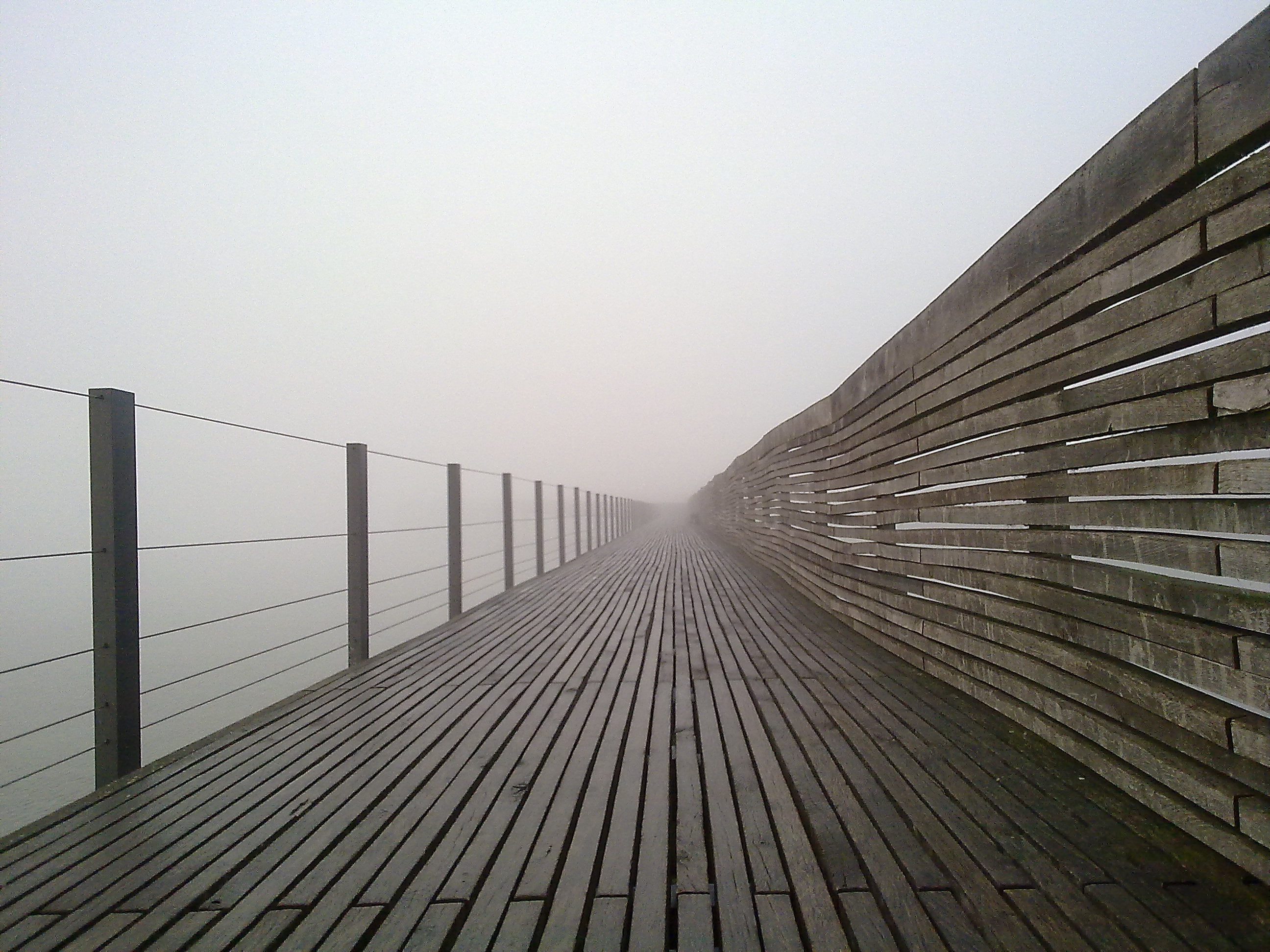 photo of brown wooden pathway surrounded by thick fogs, Nebel