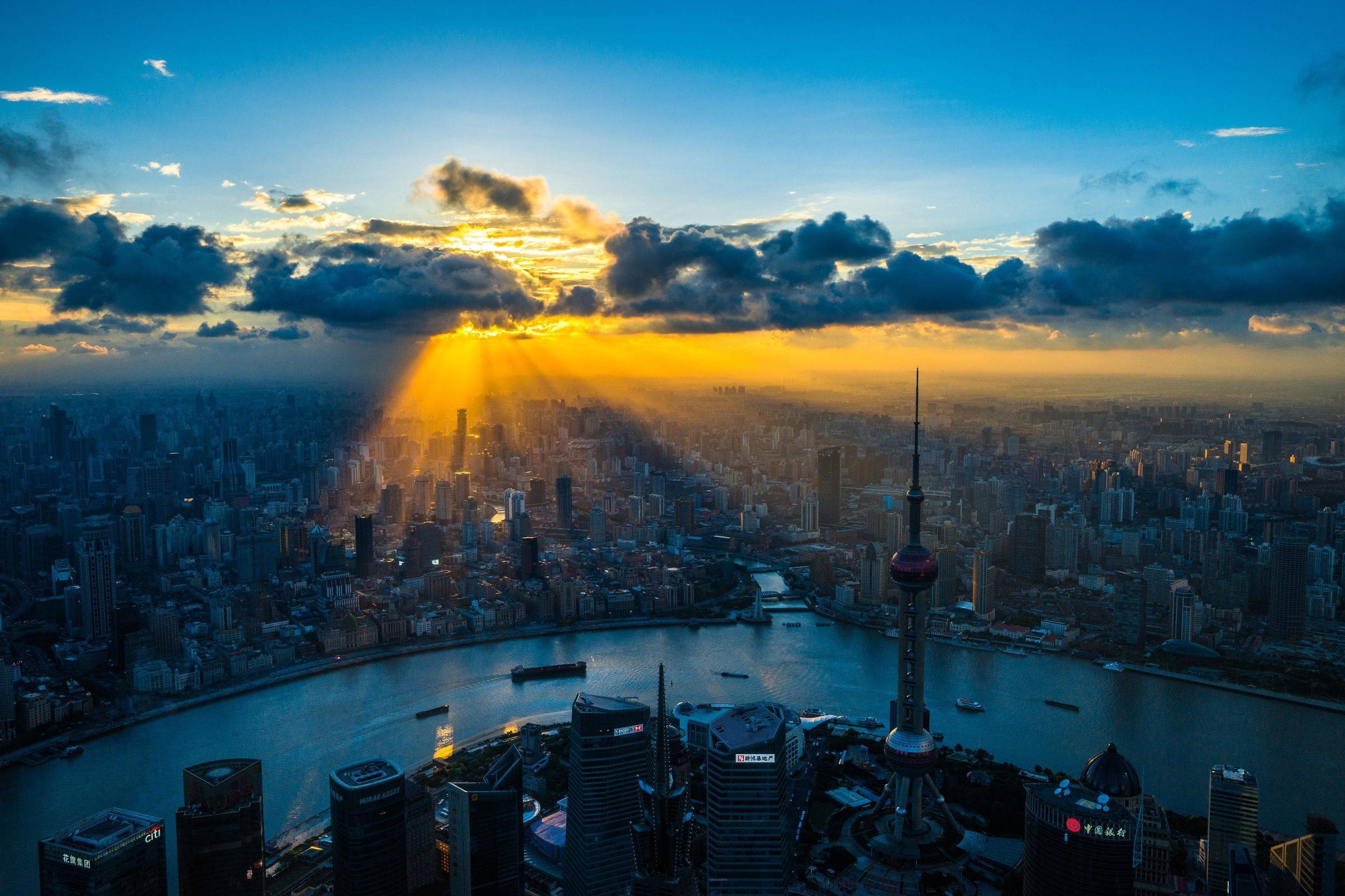 crepuscular rays, China, Shanghai, sunlight, cityscape, architecture