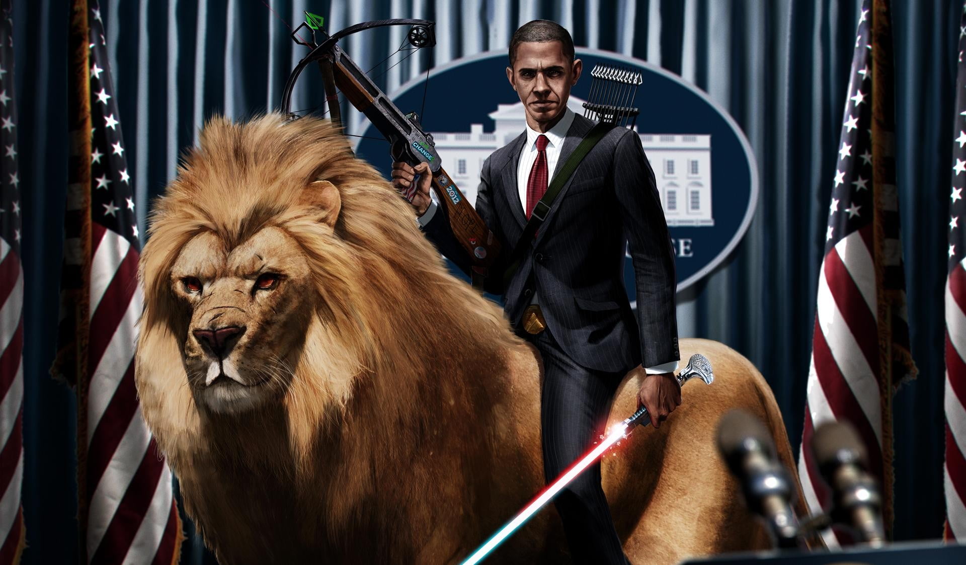 Barack Obama and tiger painting, digital art, artwork, lightsaber