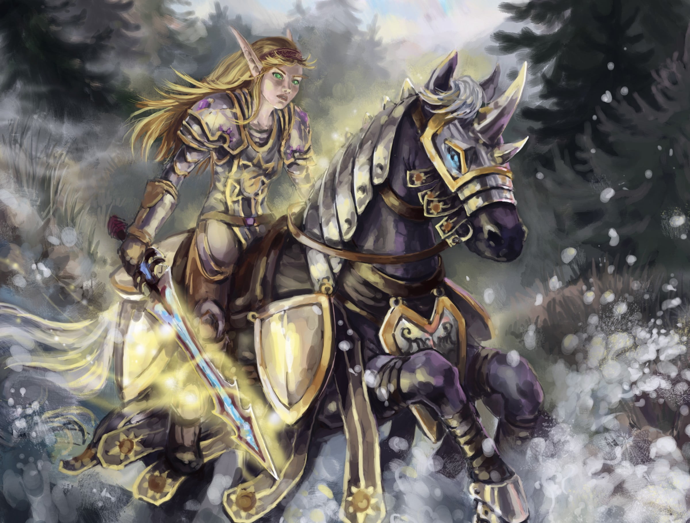 elf riding horse digital wallpaper, forest, sword, art, running