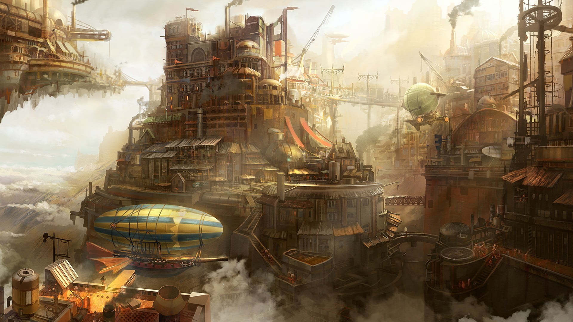 PC game digital wallpaper, steampunk, airships, clouds, digital art