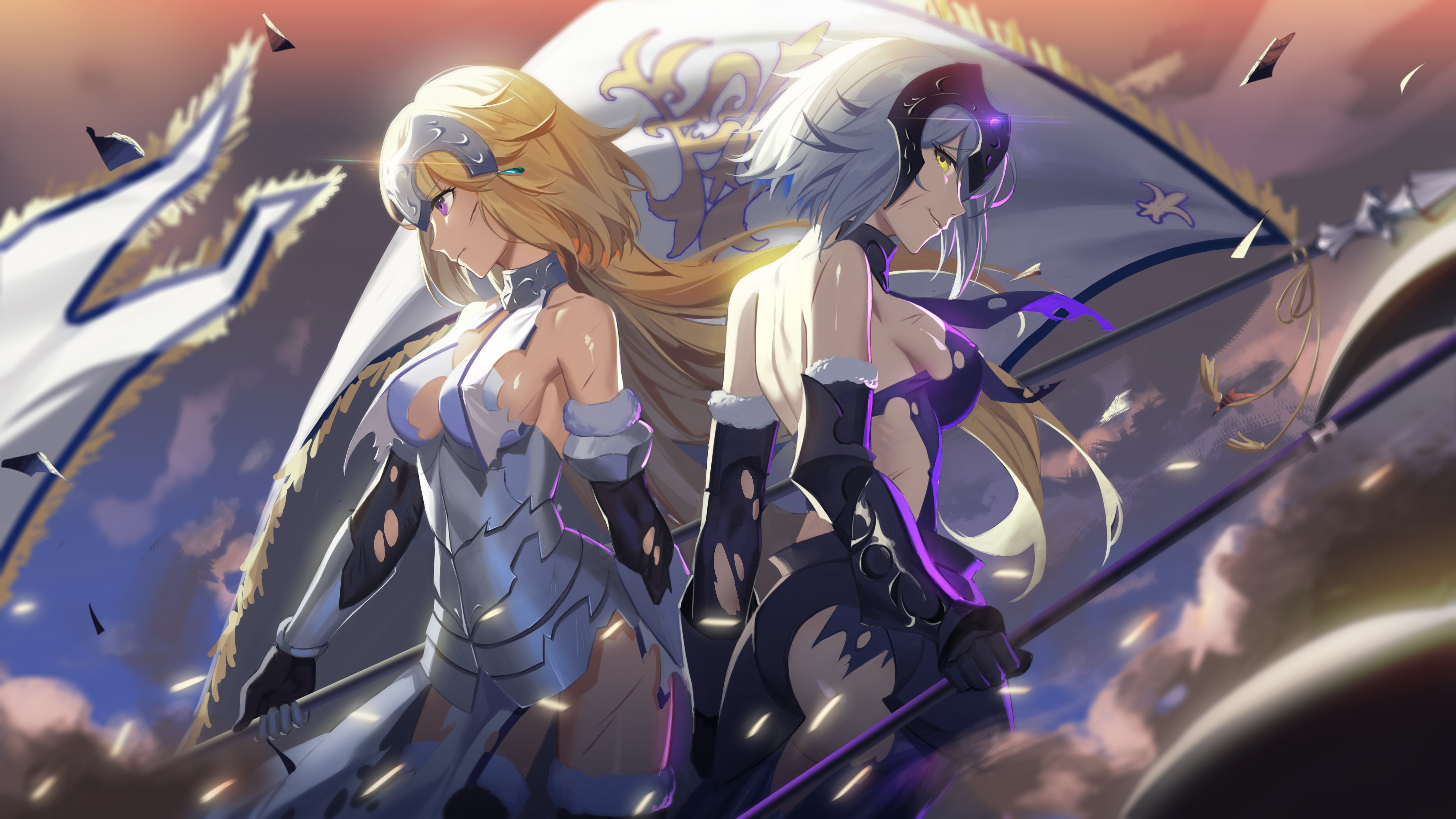 two white and yellow haired women anime characters wallpaper