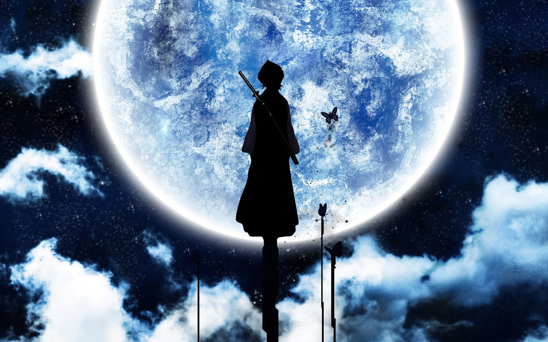 Bleach, Kuchiki Rukia, Moon, silhouette, butterfly, anime girls