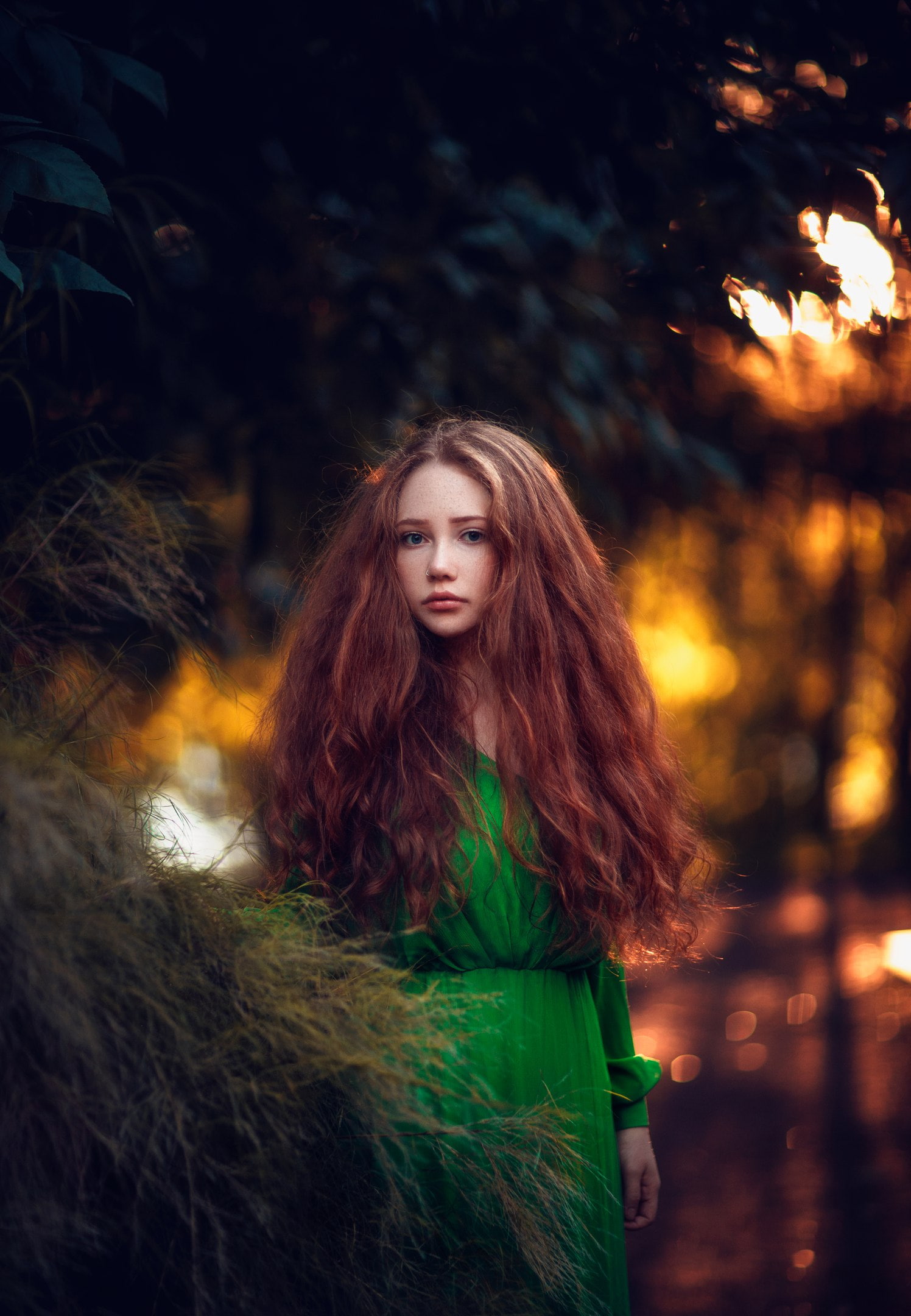 long hair, nature, green dress, Hakan Erenler, women, fantasy girl