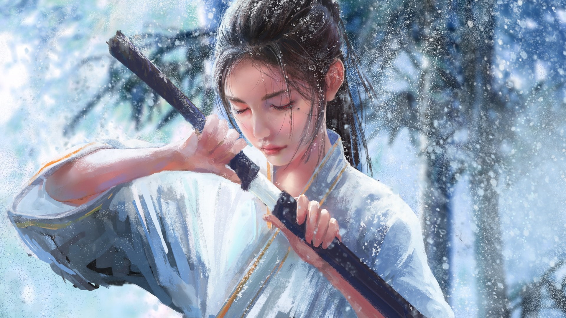 japanese women, illustration, sword, girl, woman, snow, katana