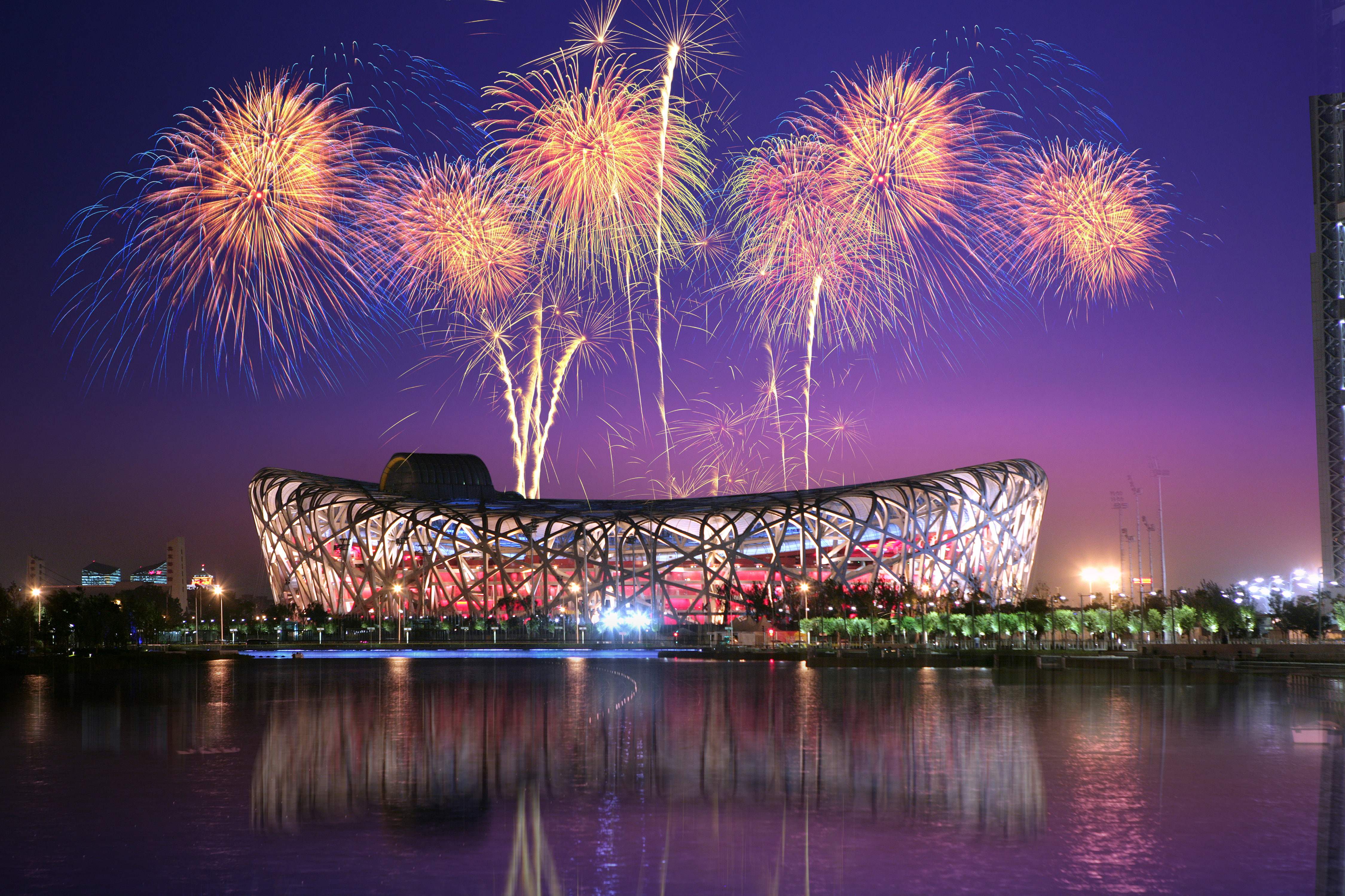 black and gray building with fireworks during nighttime, Bird's Nest