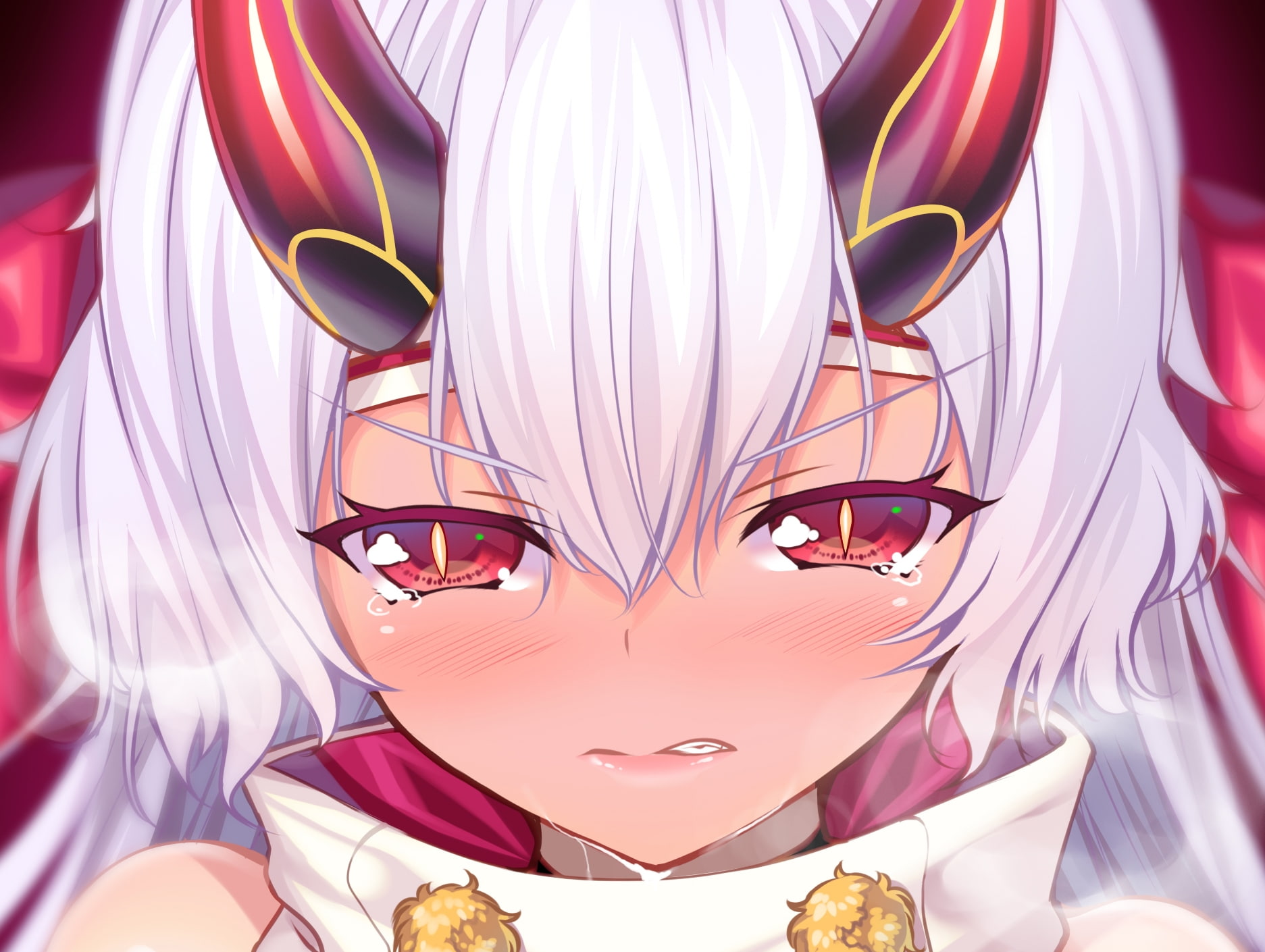 fate grand order, tomoe gozen, crying, tears, horns, close-up