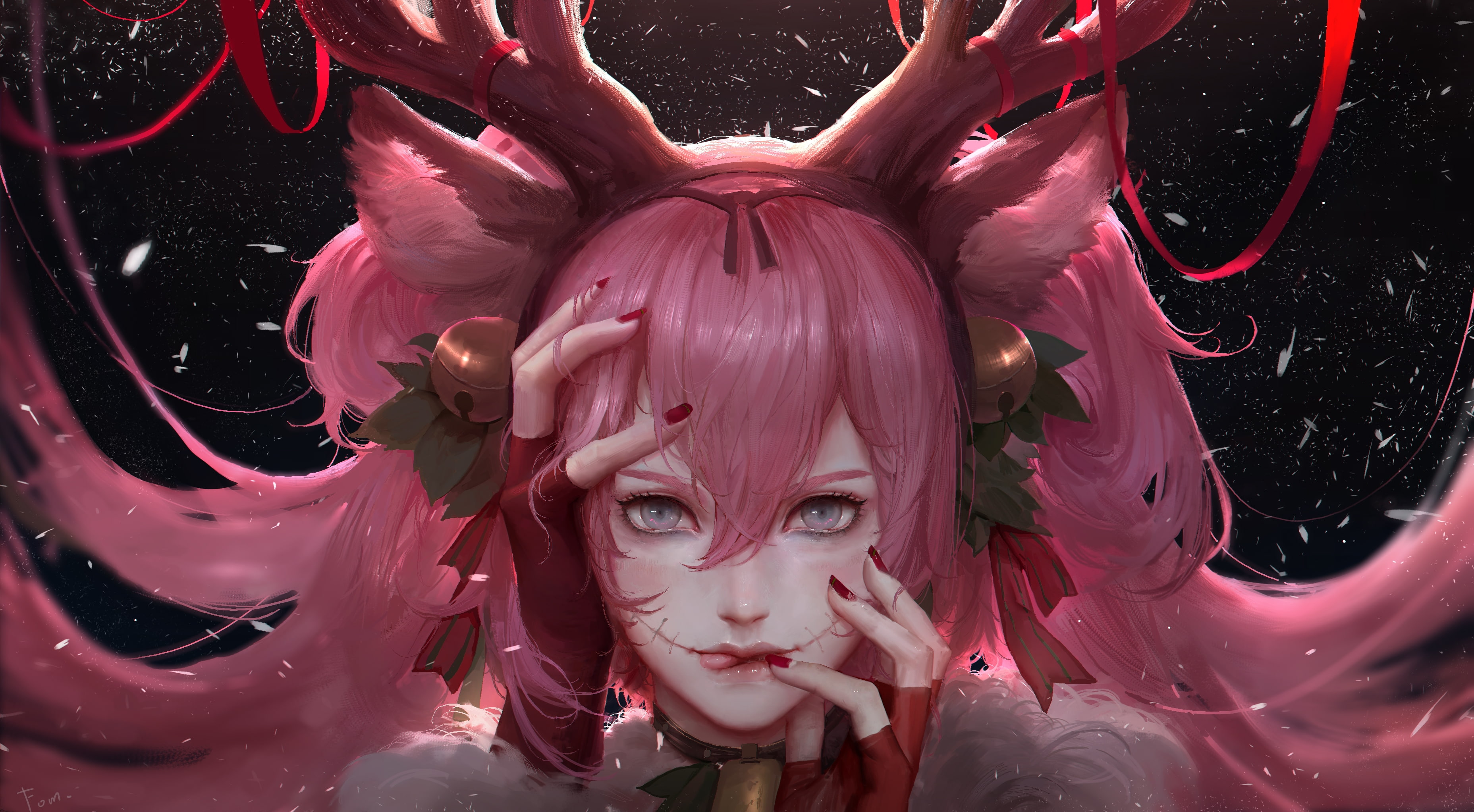 anime girl, christmas, pink hair, semi realistic, petals, deer horns