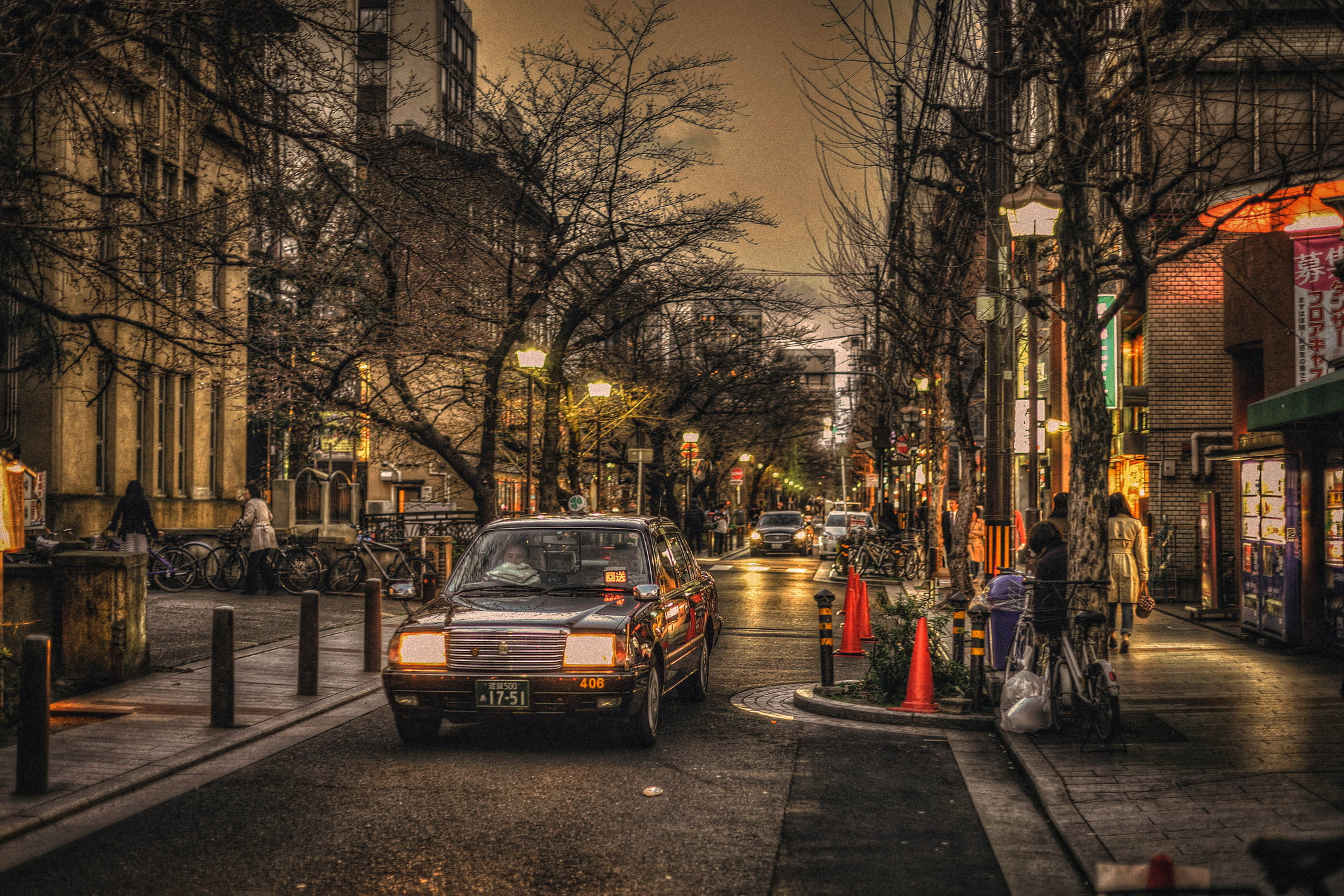 trees, bike, people, street, lights, neon, Japan, Kyoto, cars