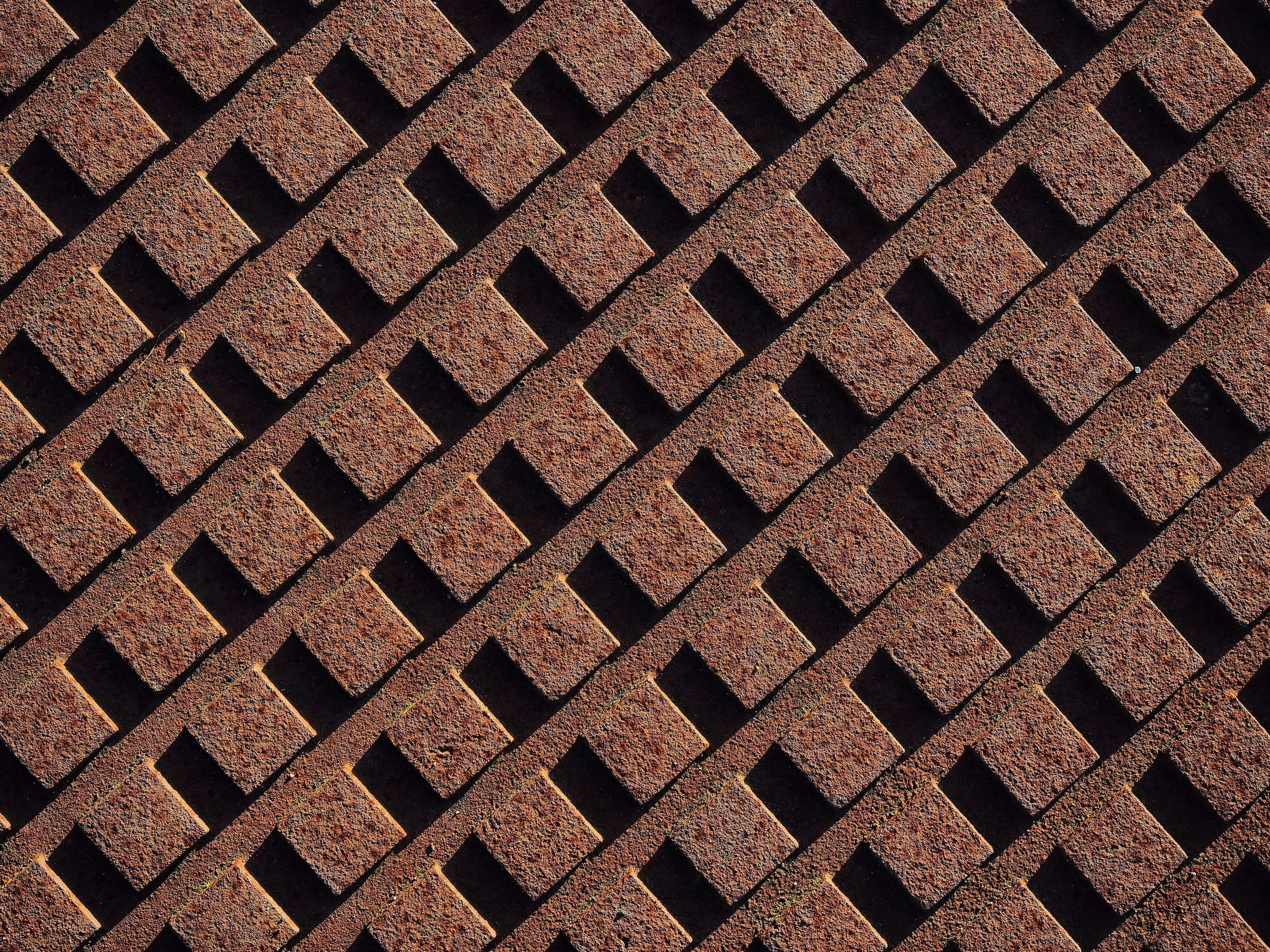 angle, array, block, brown, corrosion, decay, diagonal, grid