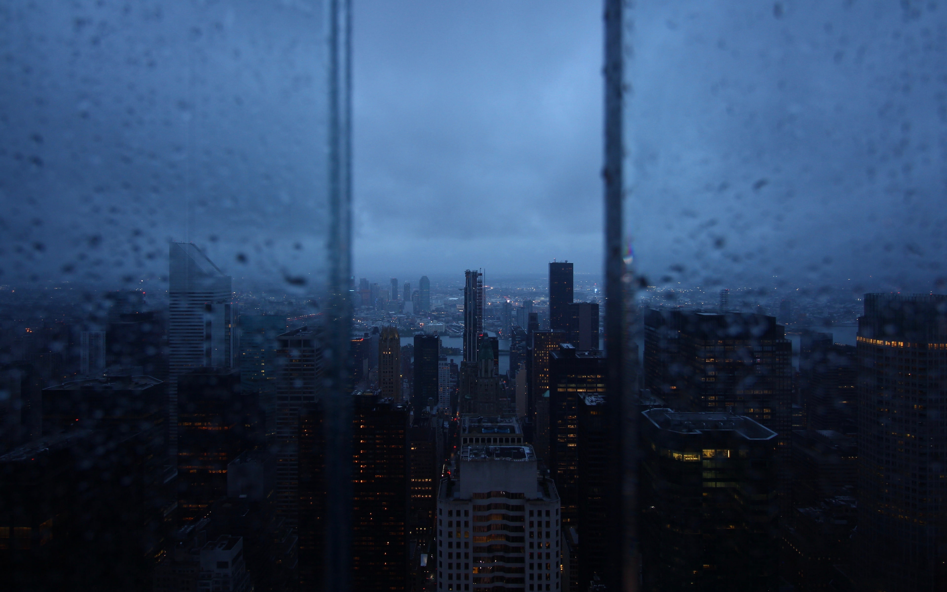 city, rain, window, skyscrapers, night city, rain drops, aerial view