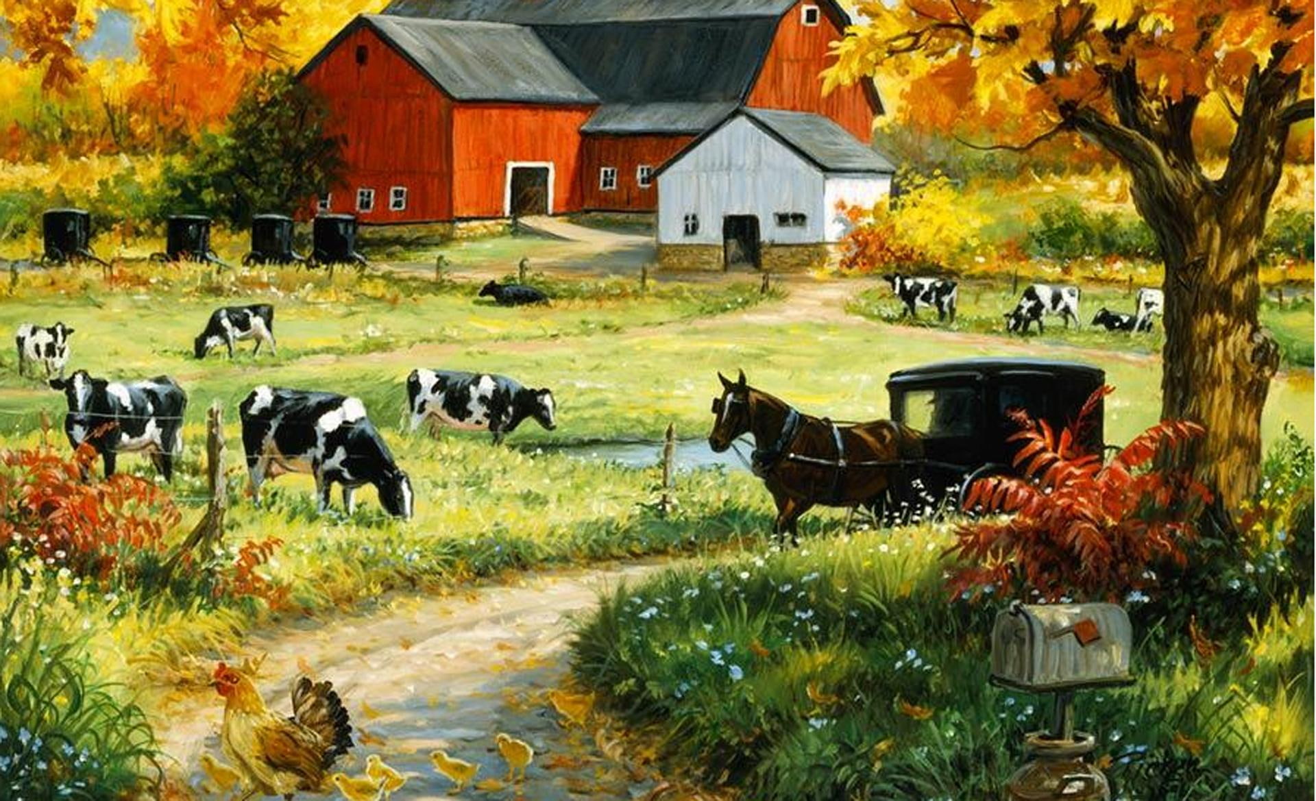 corn, farm, farmhouse, horse, tractor