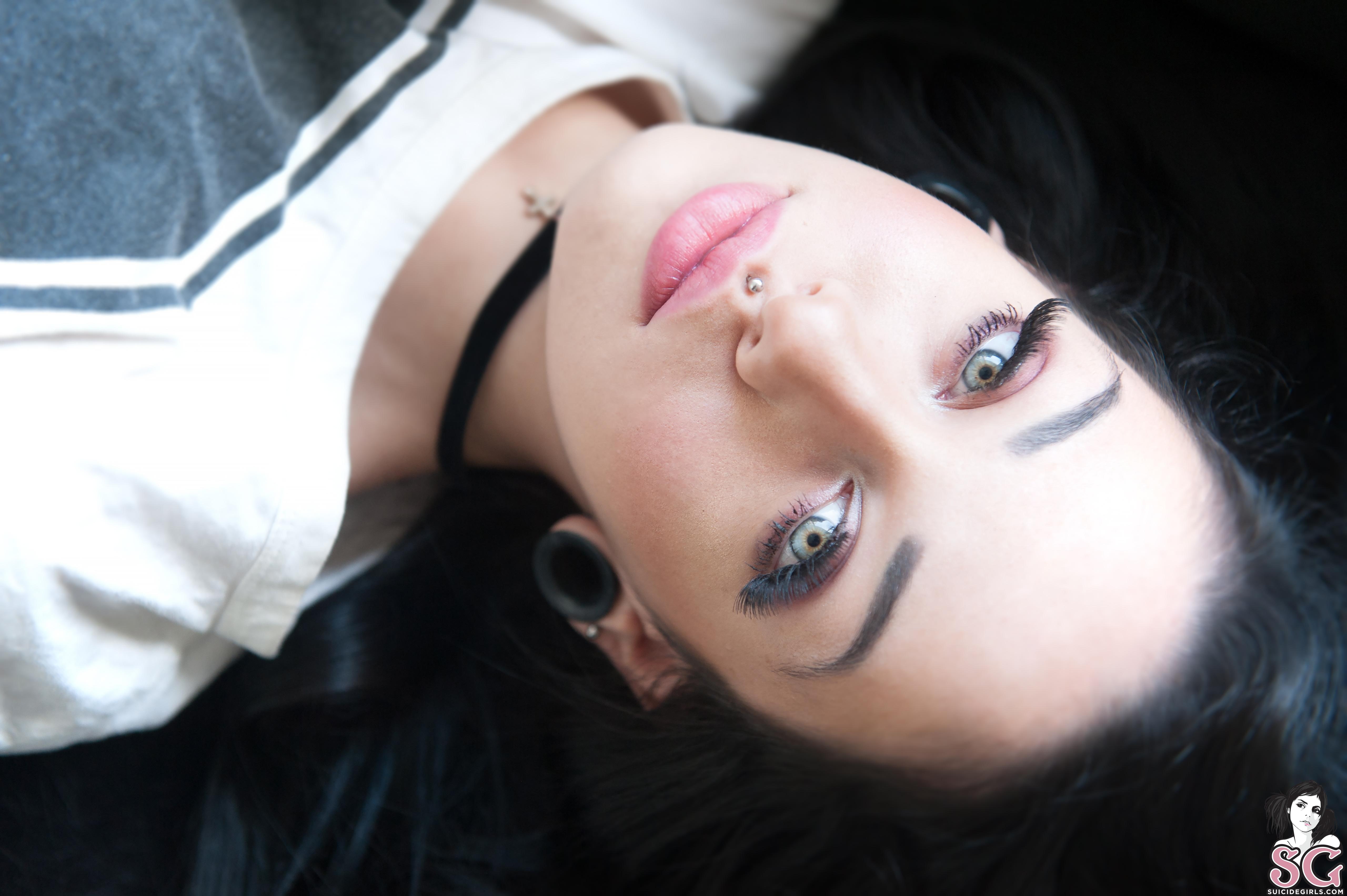 model, lips, piercing, Suicide Girls, face, gray eyes, young adult