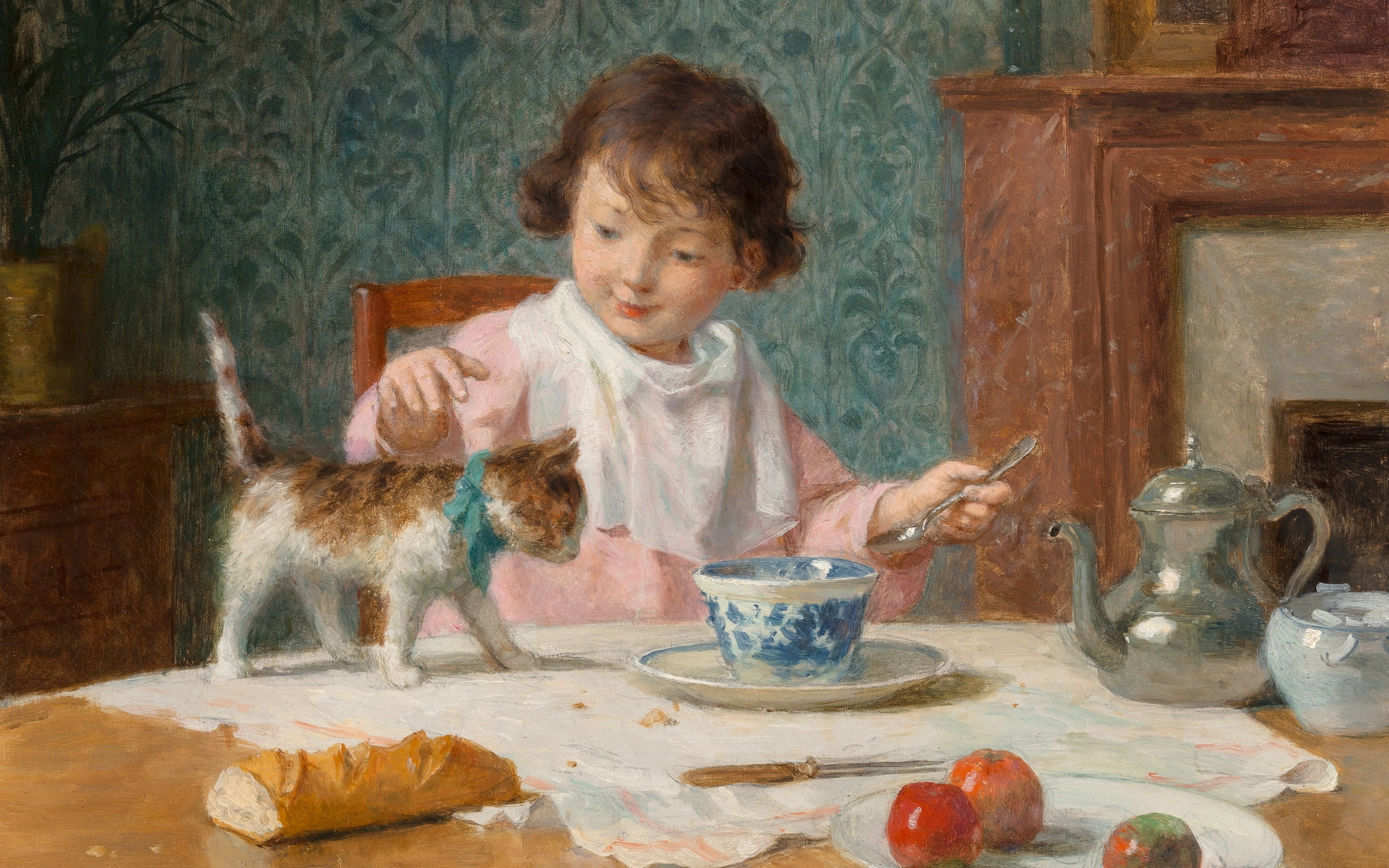 French painter, Victor Gabriel Gilbert, oil on canvas, Girl with a cat