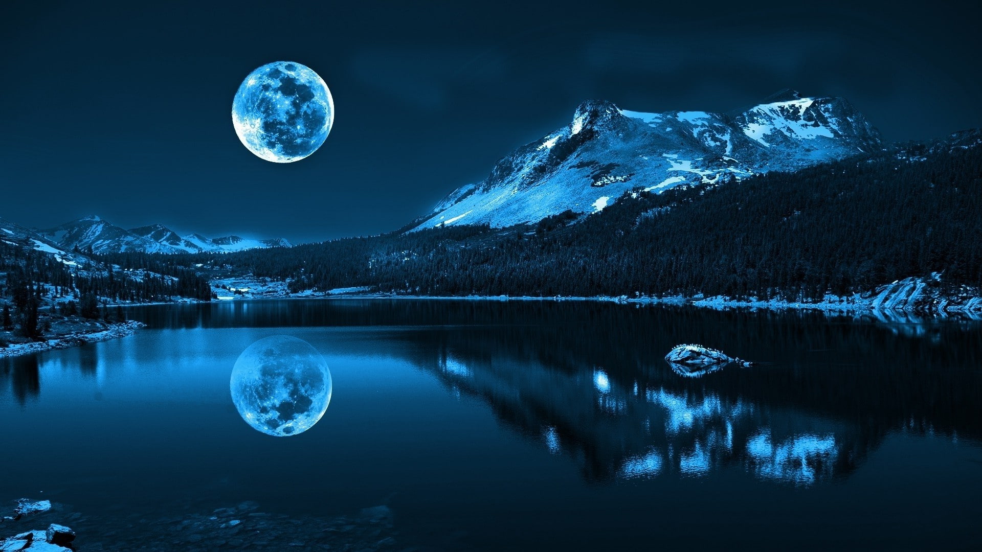 blue, Cold, forest, lake, landscape, Moon, mountain, nature