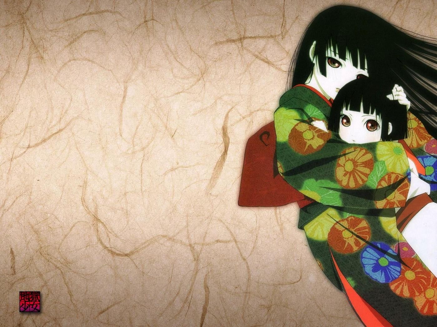 Enma Ai, anime girls, Jigoku Shoujo, kimono, children, flowers