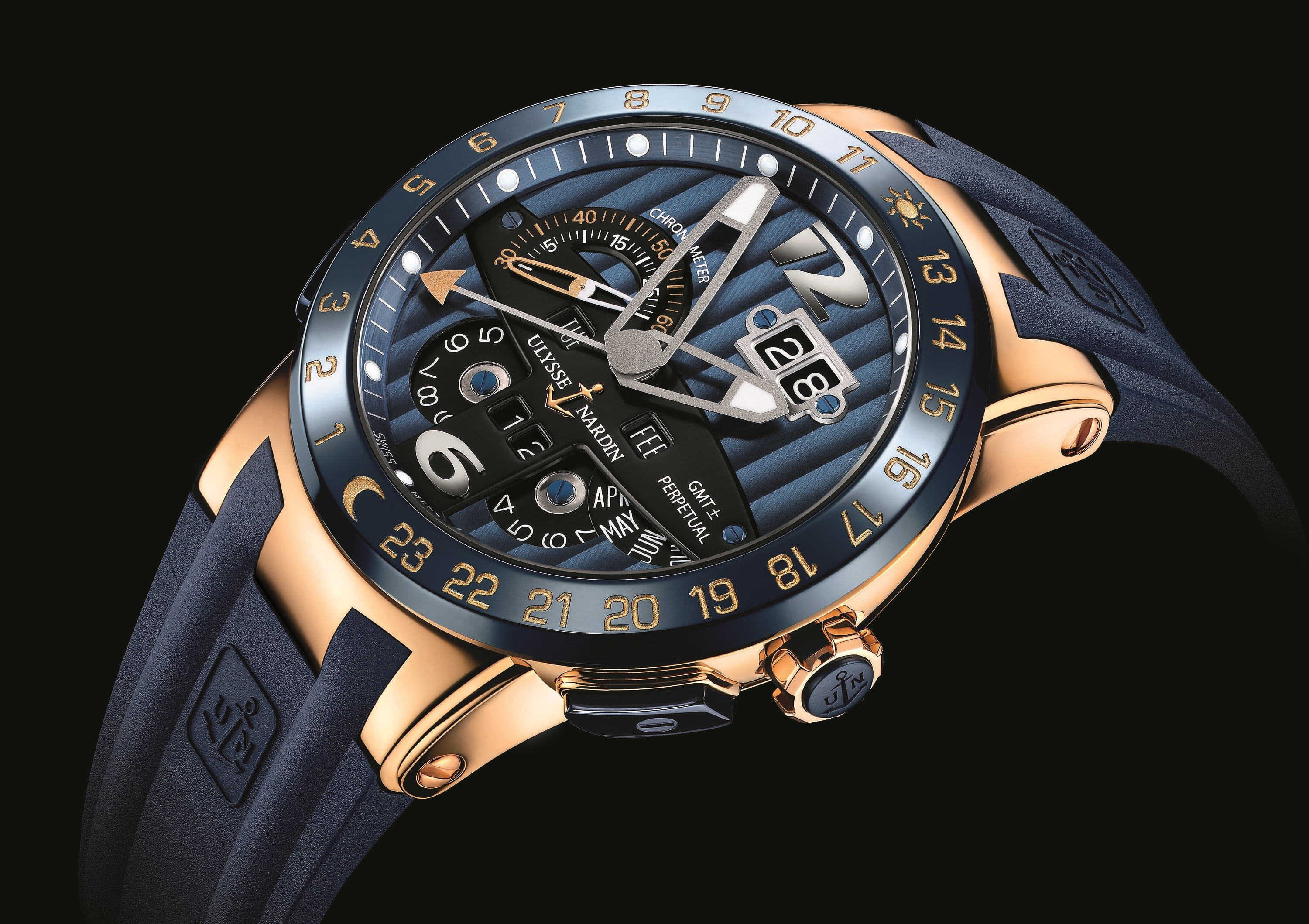 round black chronograph watch with black strap, Blue, Ulysse