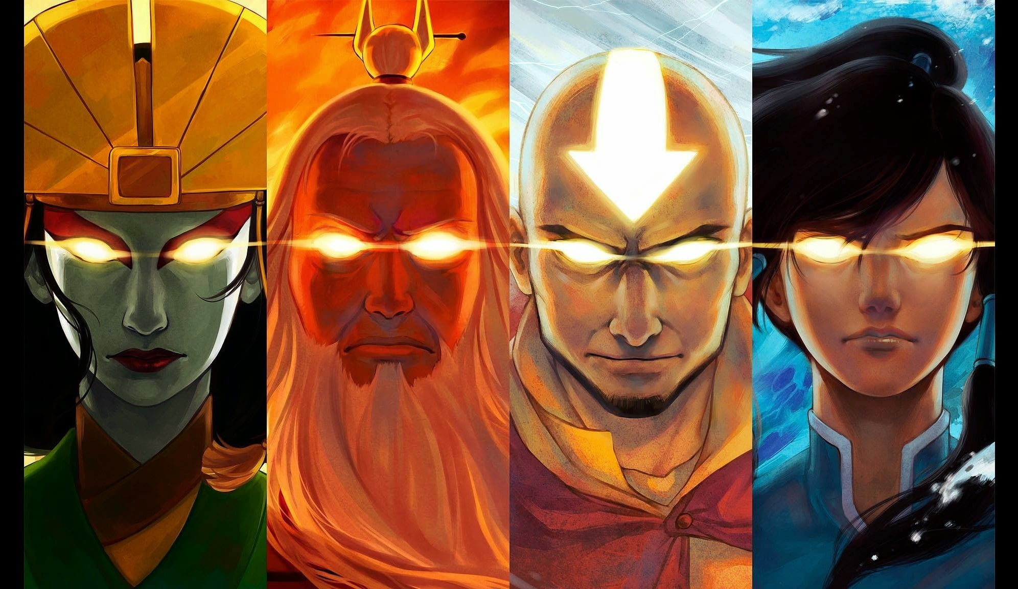 Avatar characters collage, eyes, water, fire, earth, the air