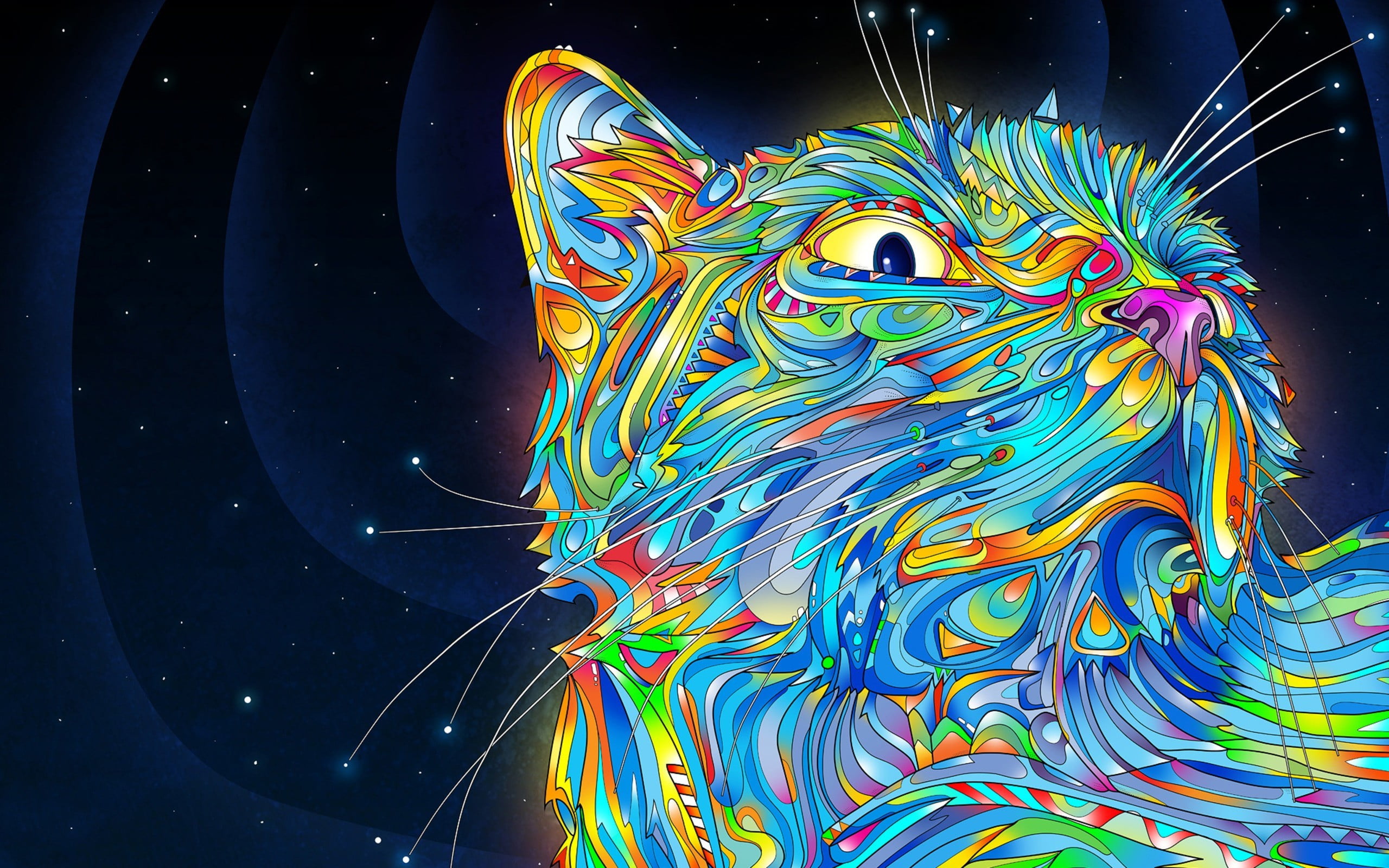 abstract illustration of cat, psychedelic, colorful, digital art