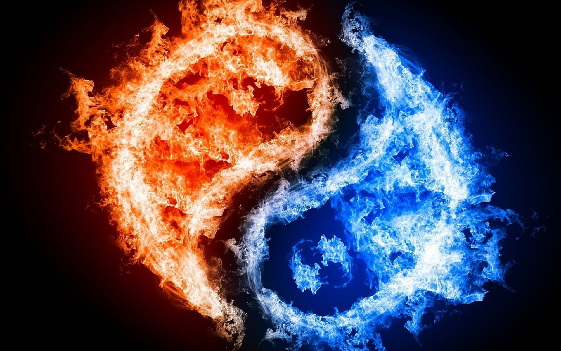 red and blue fire Yin-Yang, Yin and Yang, water, digital art