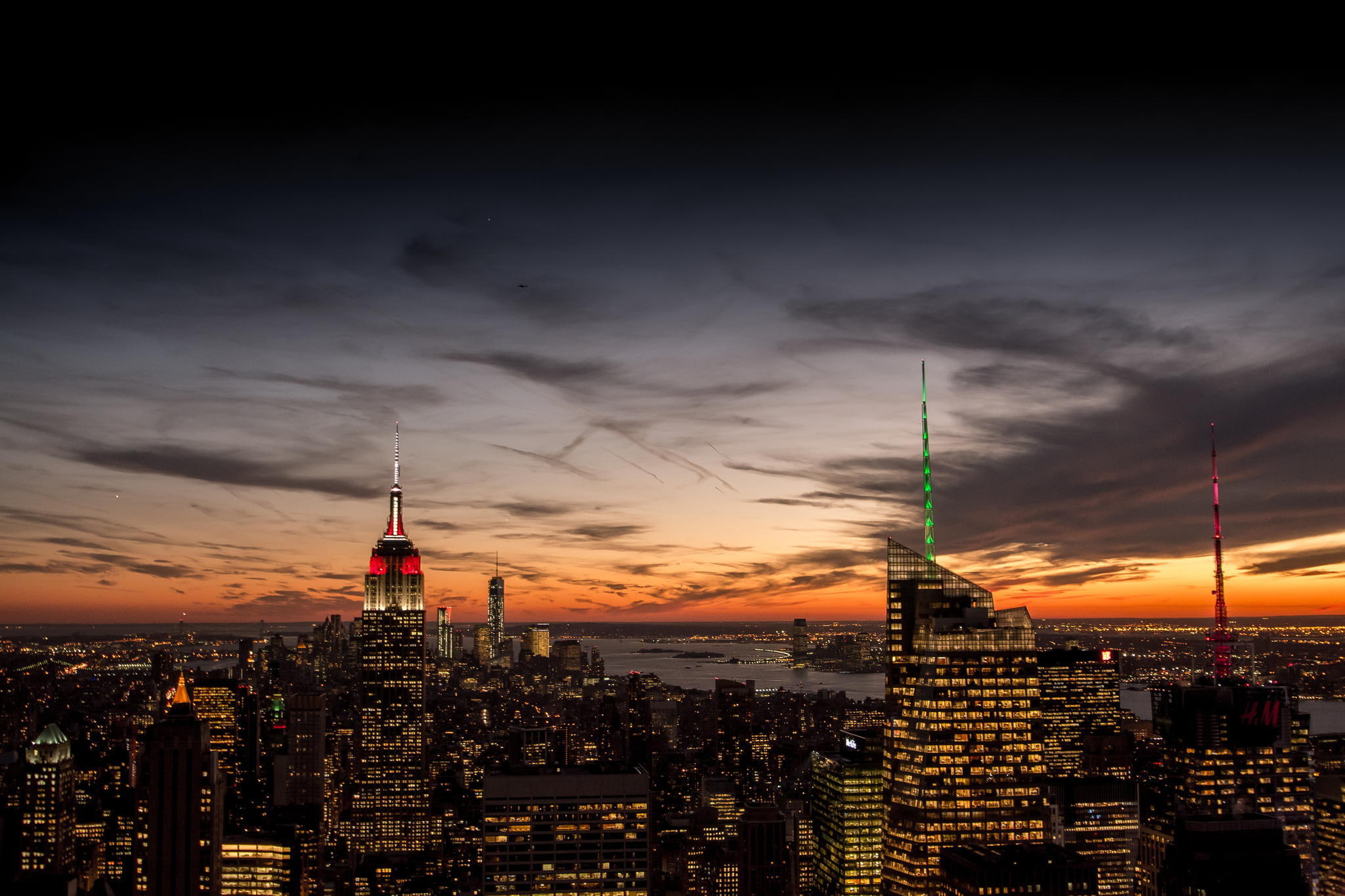 the sky, clouds, sunset, orange, the city, lights, view, building