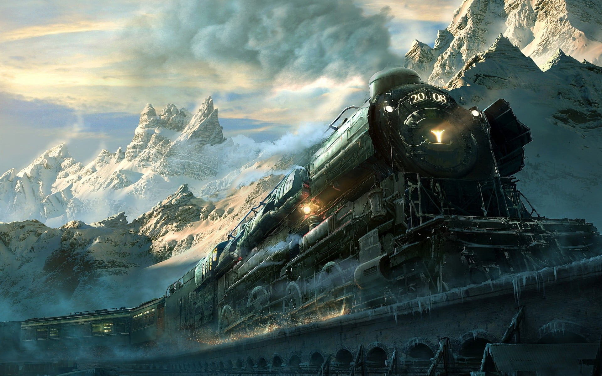 black steam train wallpaper, landscape, railway, mountains, snow