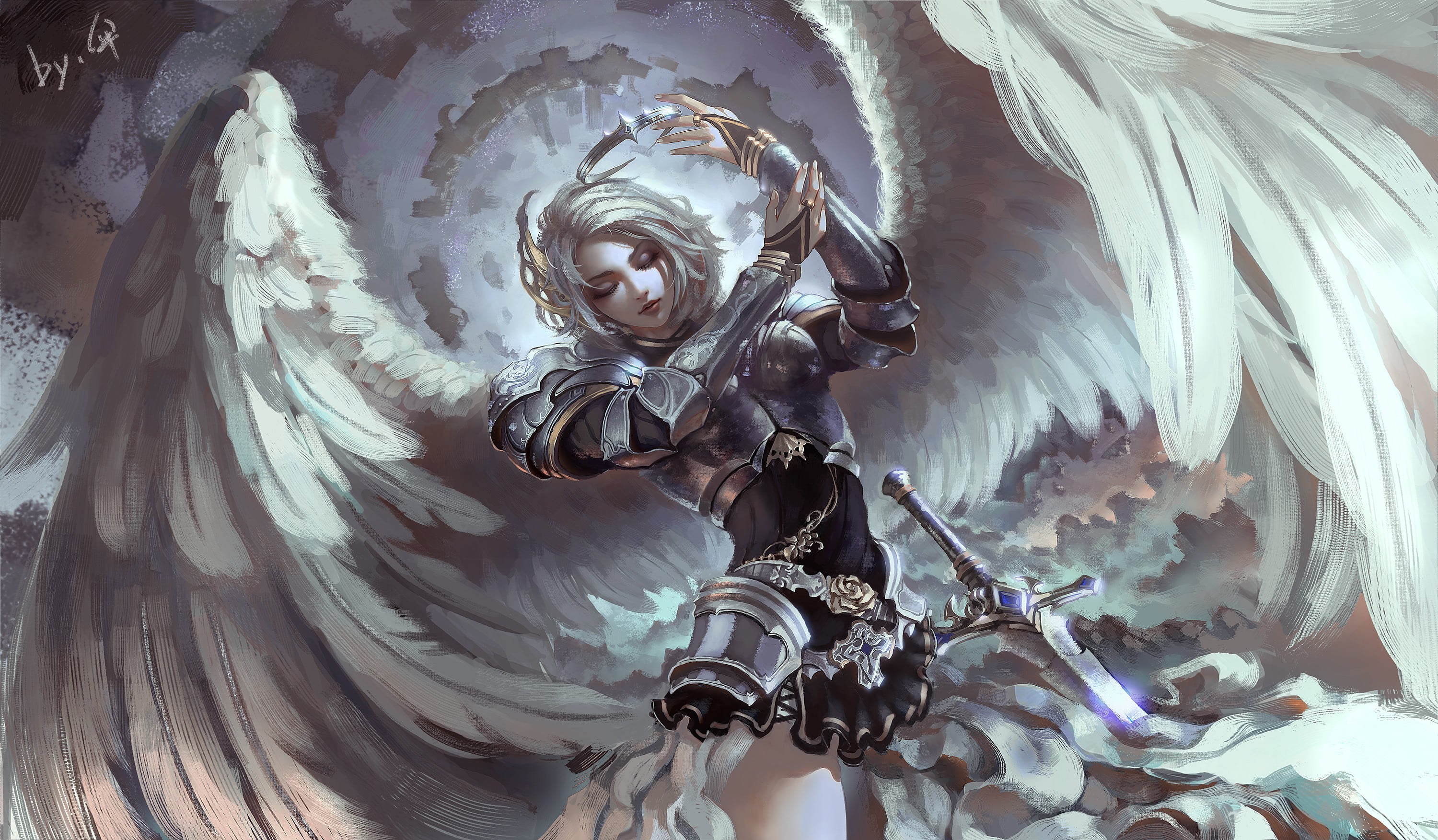 angel with sword illustration, fantasy art, armor, wings, gray