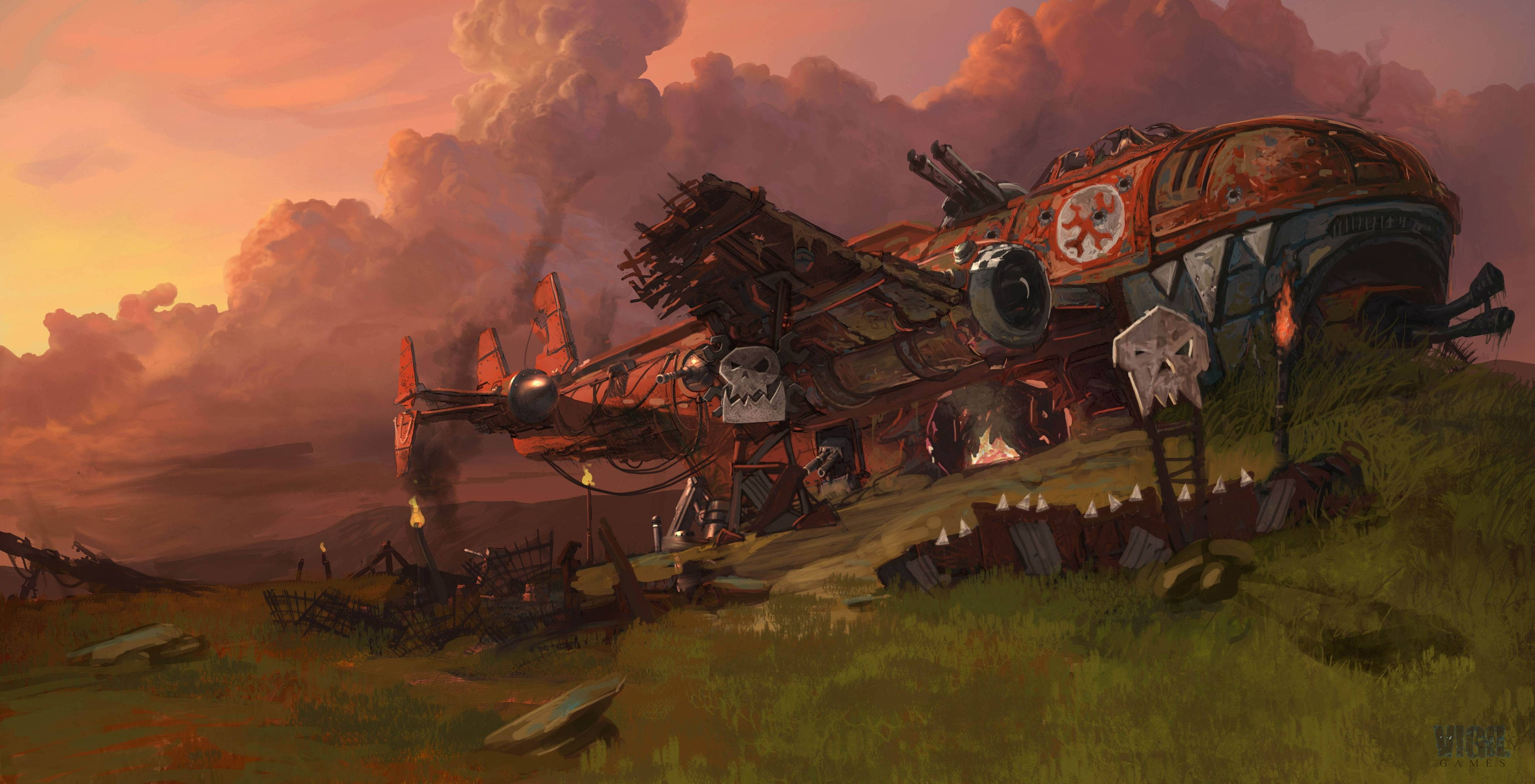 Warhammer 40,000, orks, wreck, ruin, aircraft