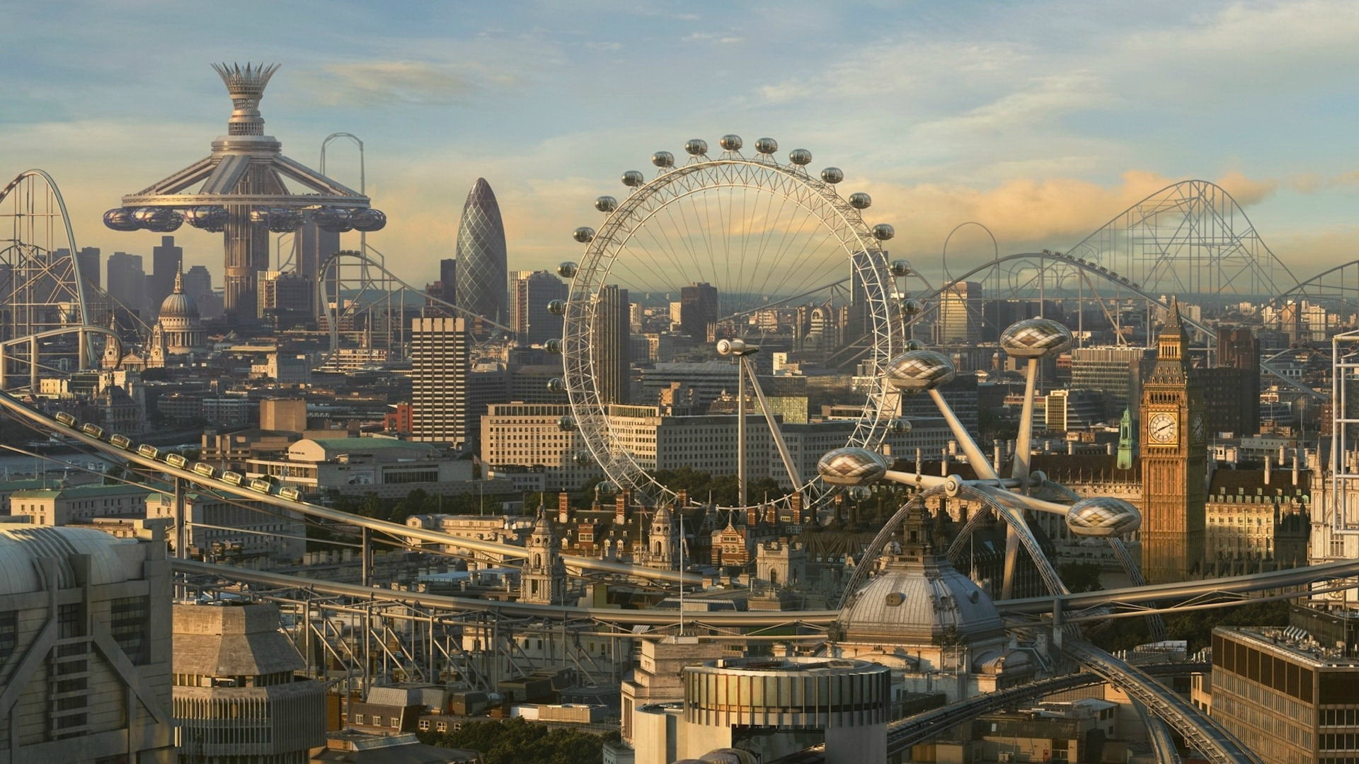 theme parks, London, ferris wheel, CGI, digital art, cityscape