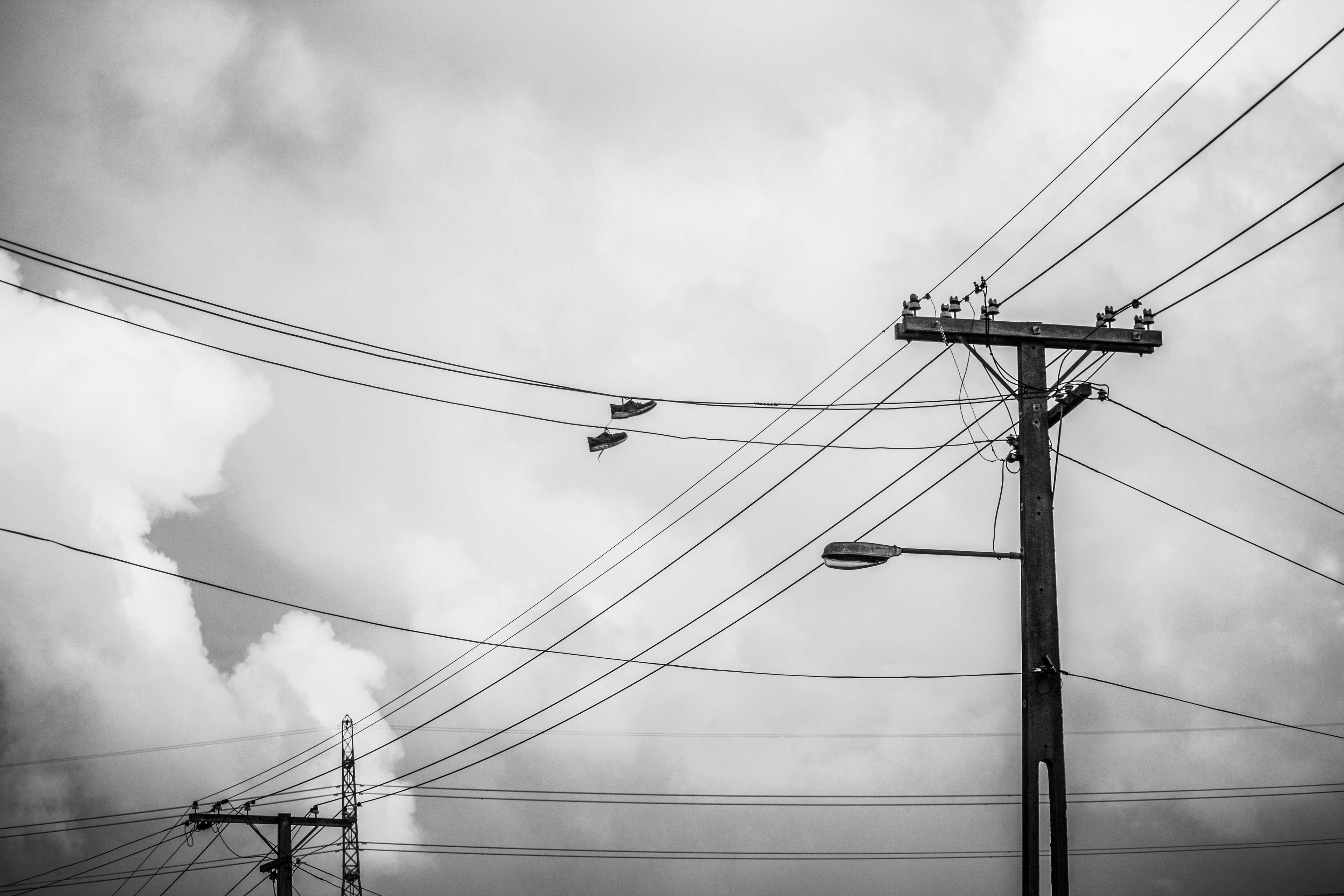 black and white, electricity, sky, telephone lines, cable, cloud - sky