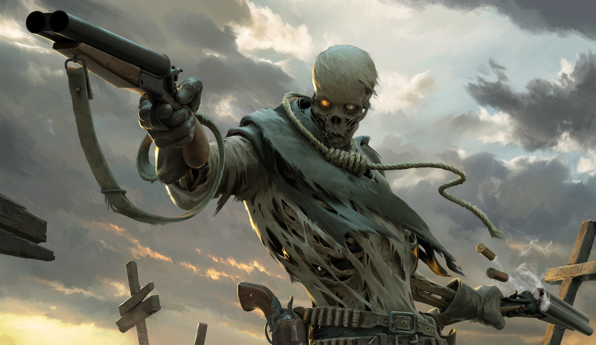 Roman Chaliy, skeleton, shotgun, pistol, noose