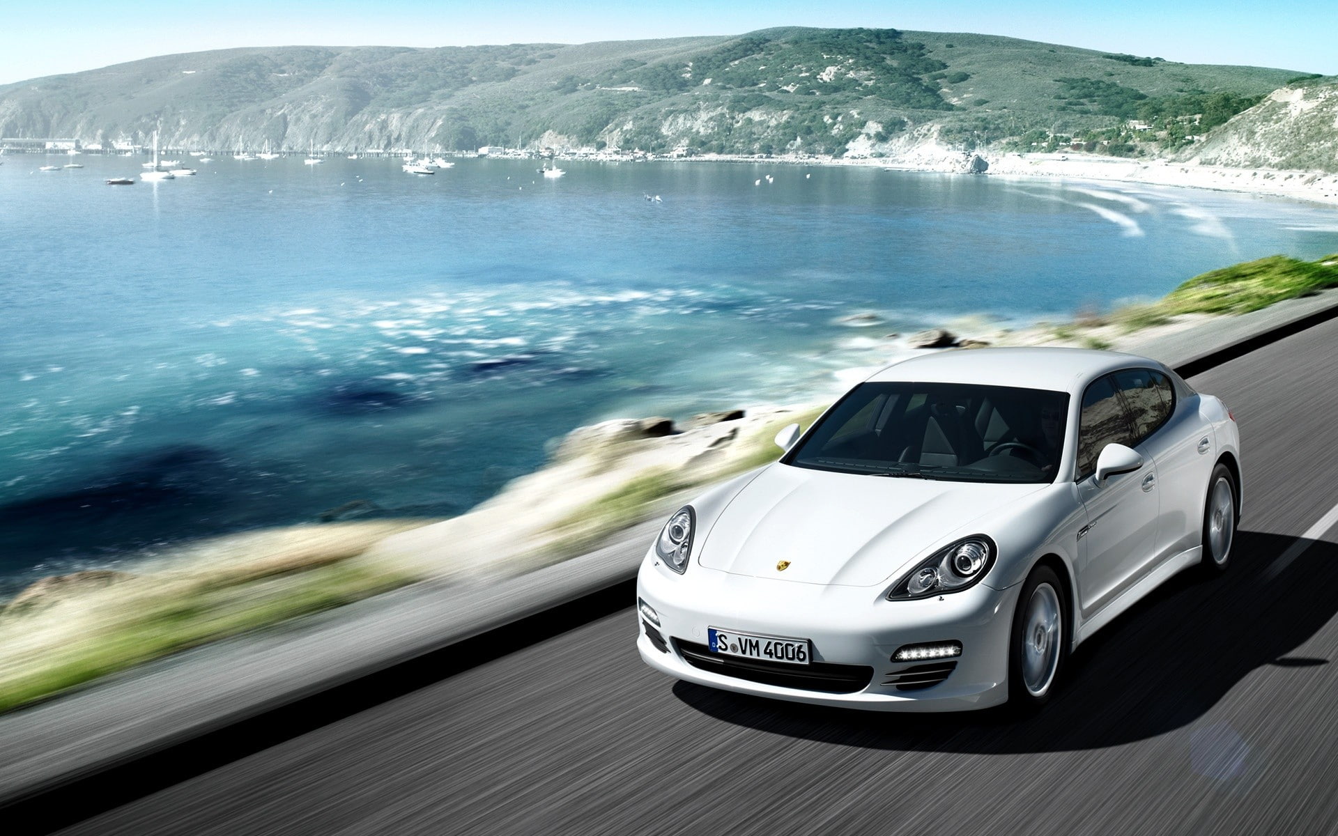 car, motion blur, white cars, Porsche Panamera