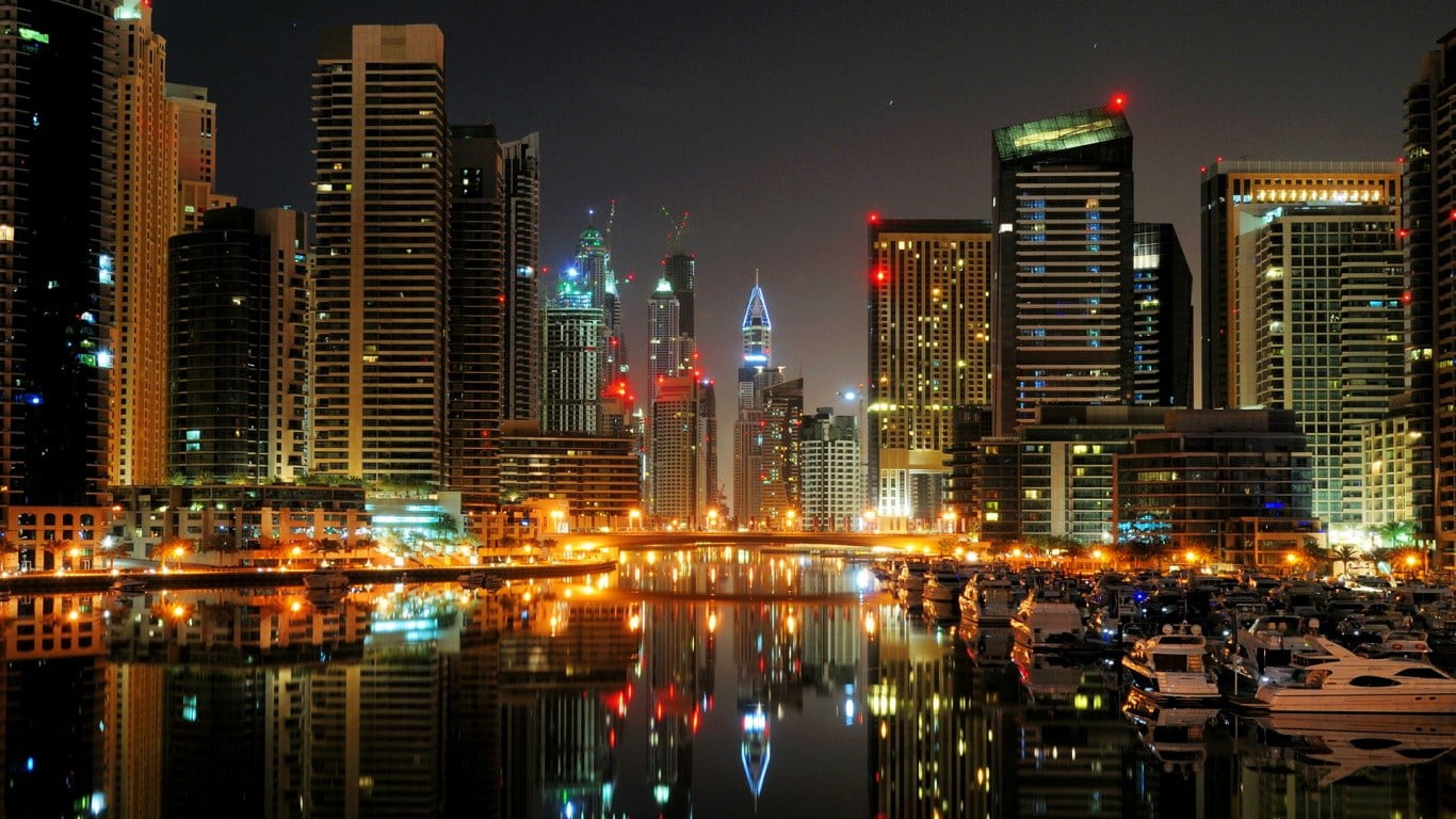 high rise buildings, cityscape, lights, reflection, Dubai, building exterior