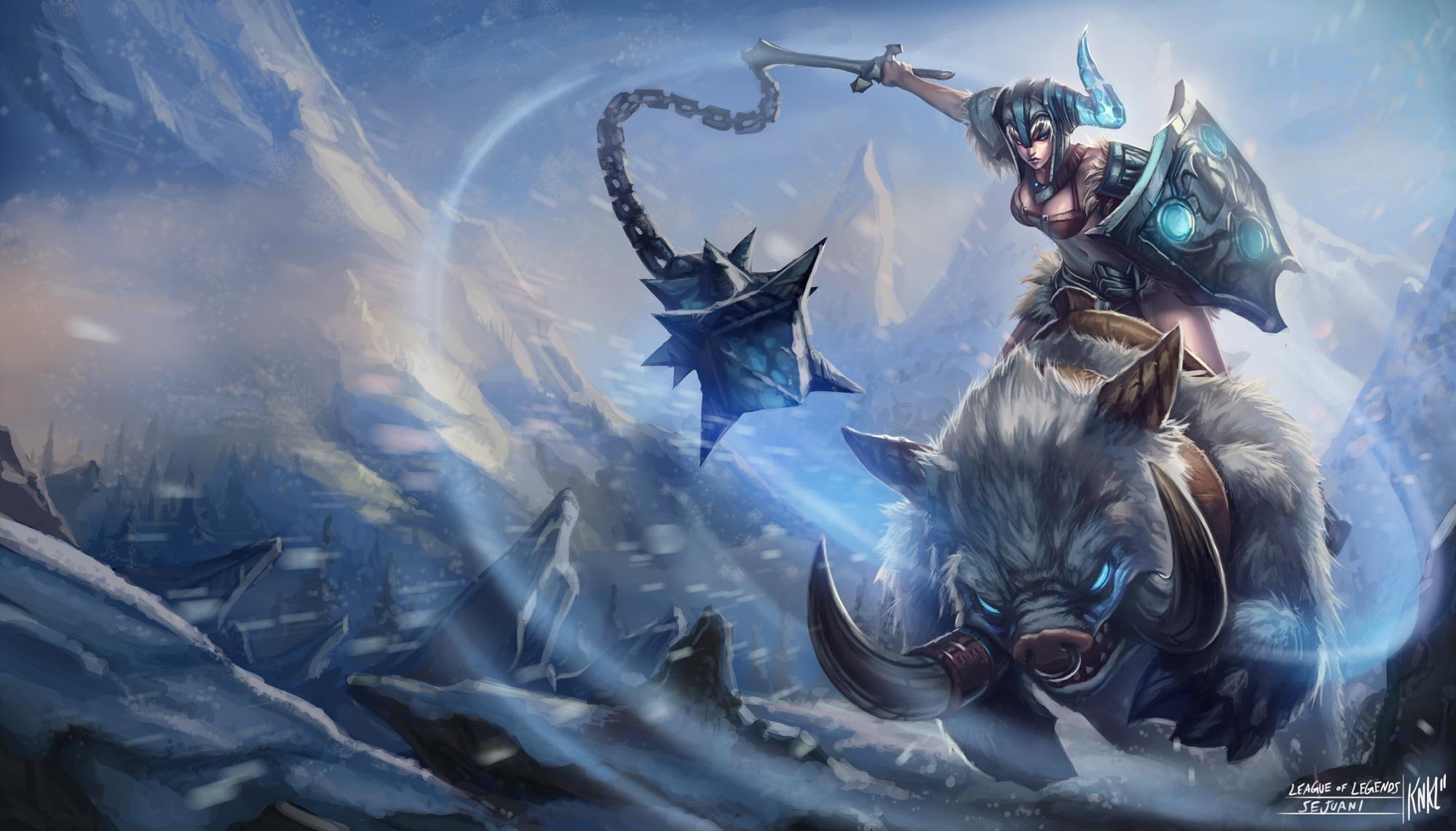 Sejuani, video games, boar, snow, shield, league of legends, weapon