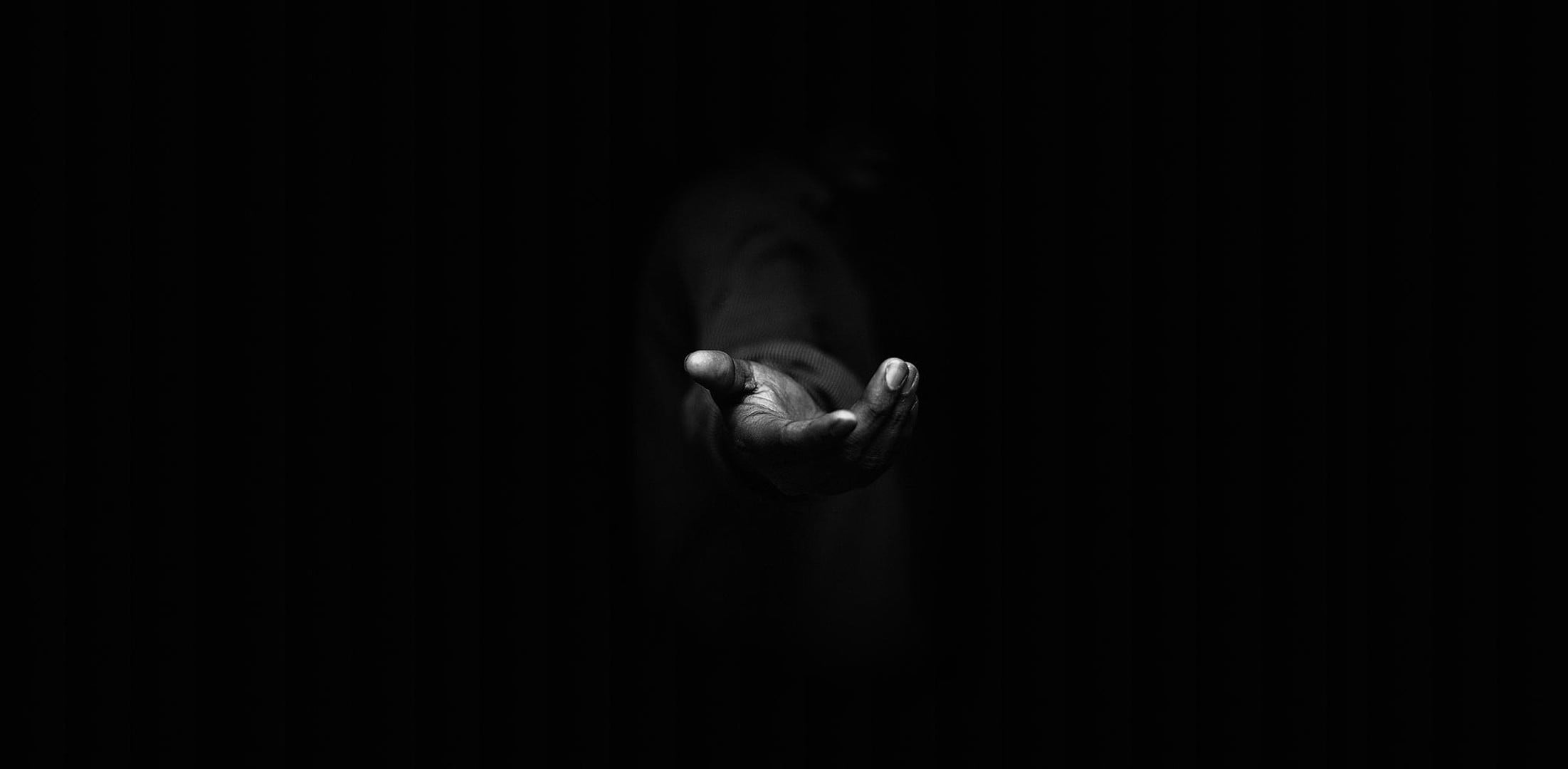 hands, monochrome, black background, human body part, one person
