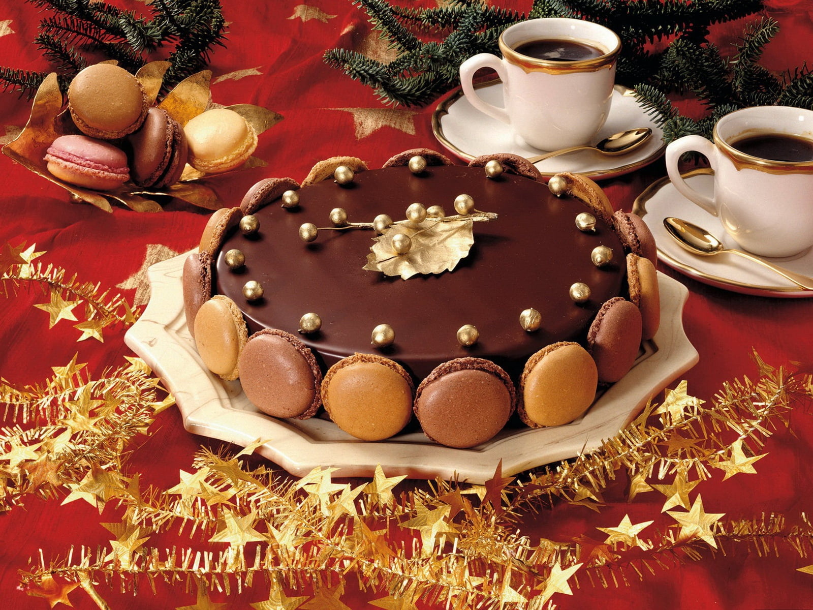 chocolate cake with macarons, pie, sweet, dessert, glaze, festive table