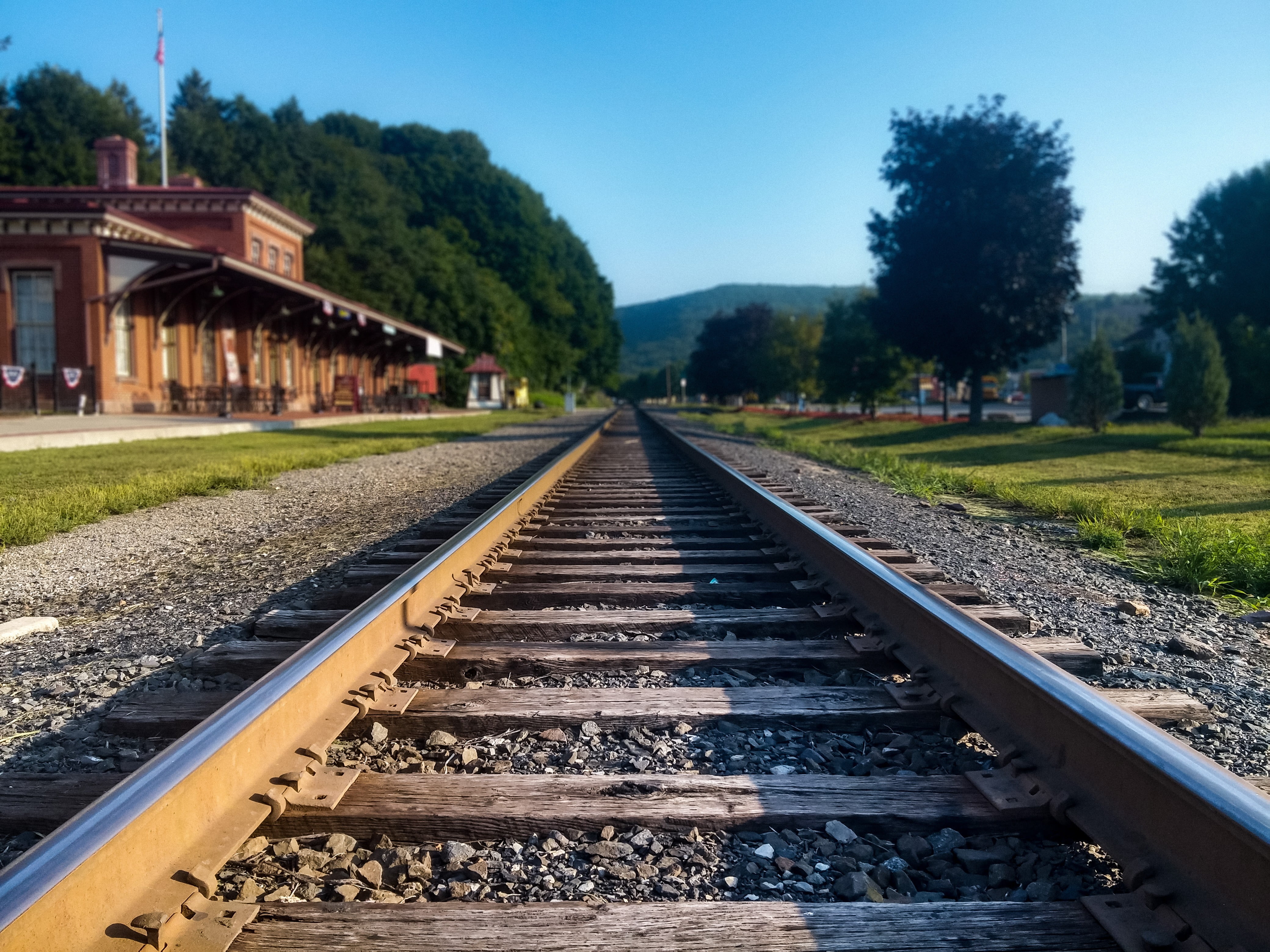 grey train rails, railway crossing, steam locomotive, photography
