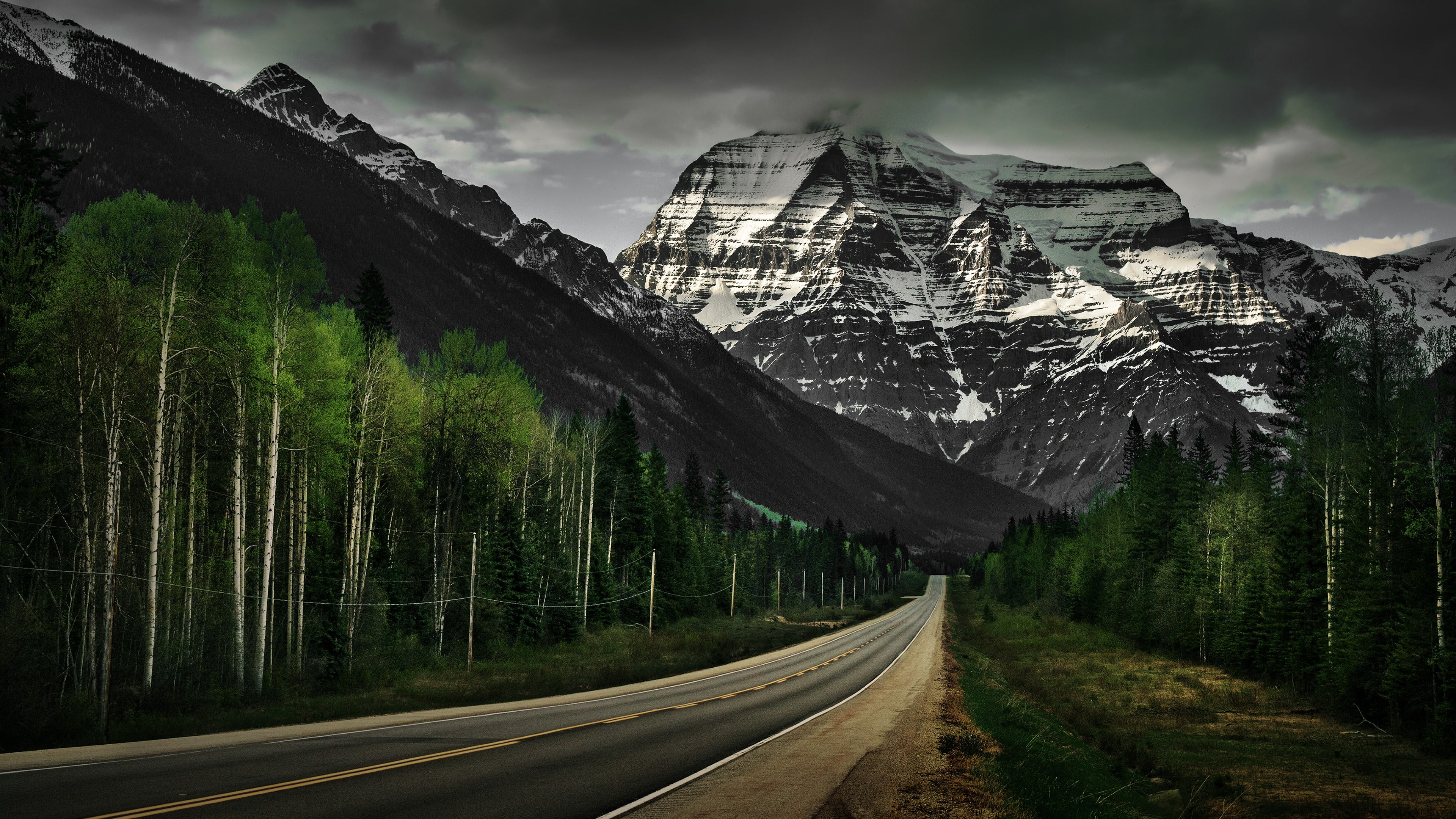 grey asphalt road, mountains, nature, landscape, snow, transportation