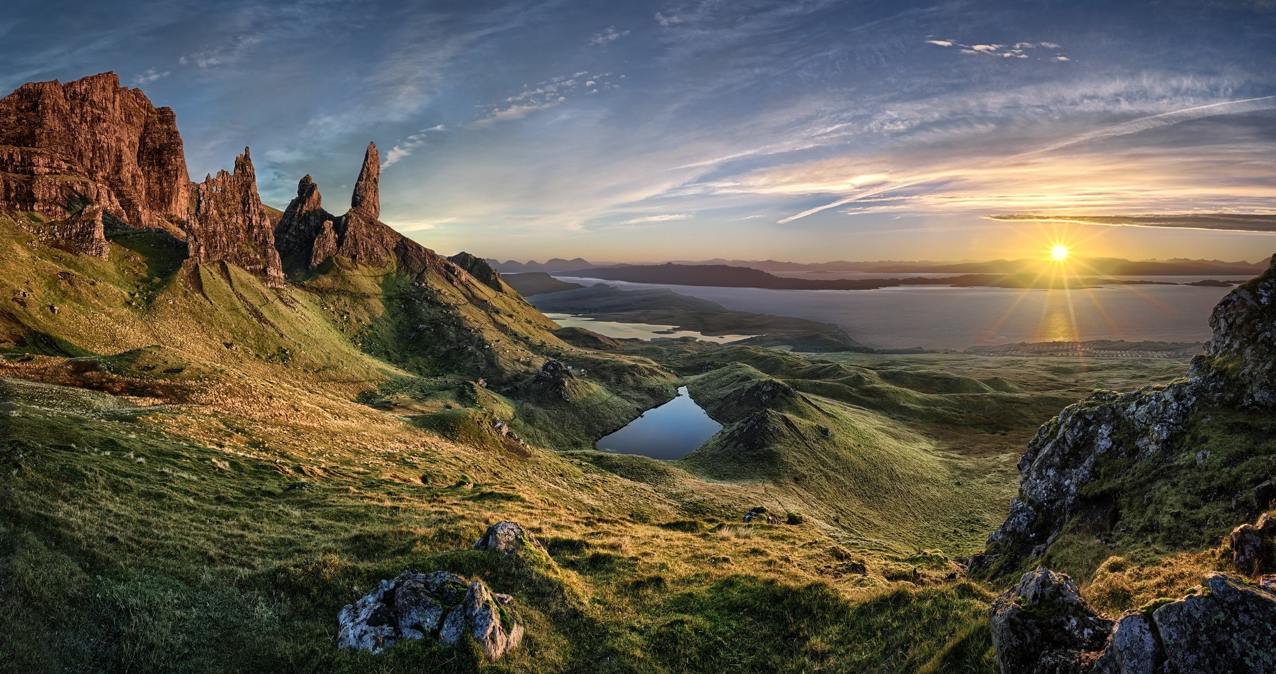 grass, island, landscape, mountain, nature, Old Man Of Storr