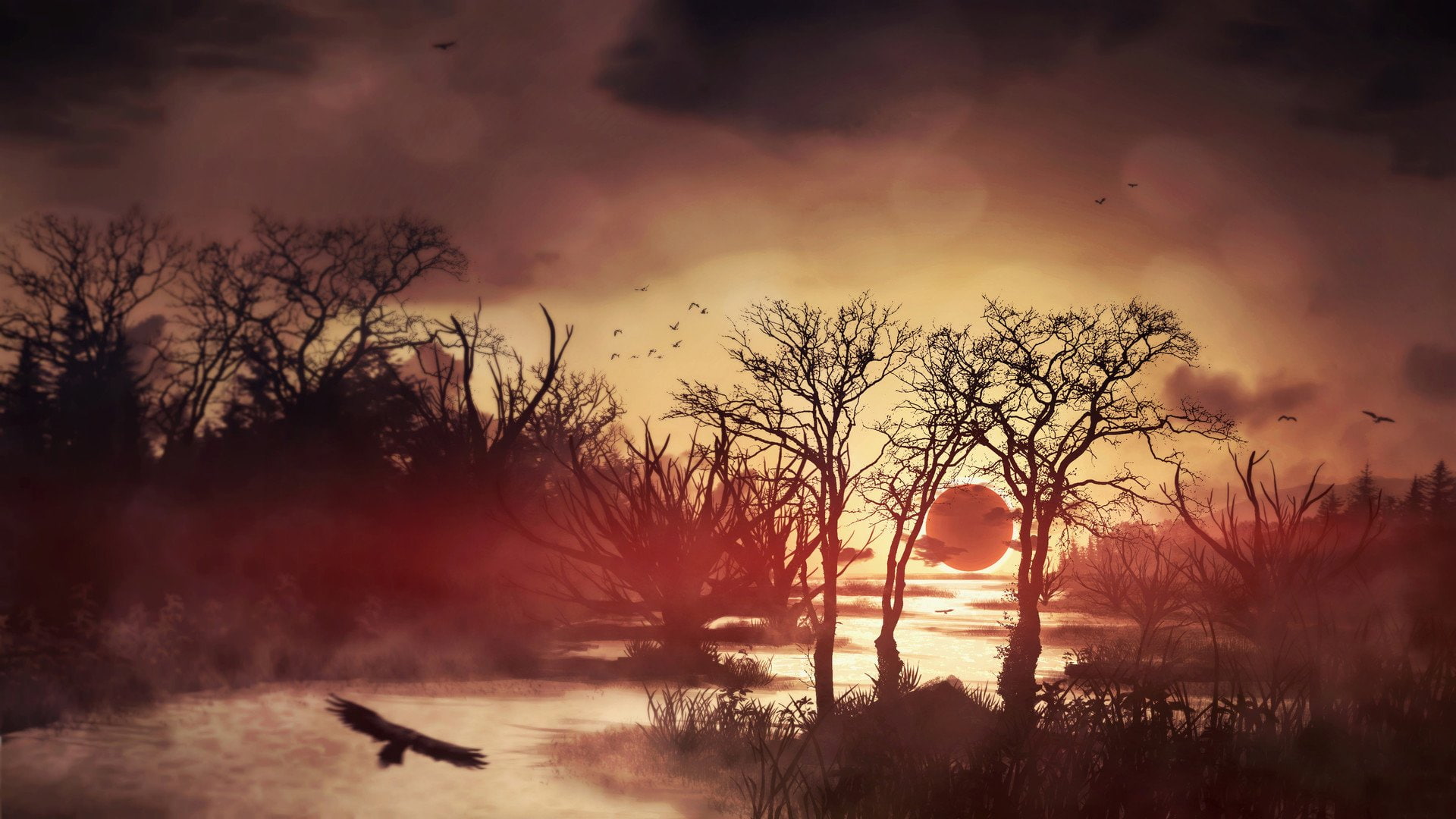 Fantasy, Landscape, Eclipse, Moon