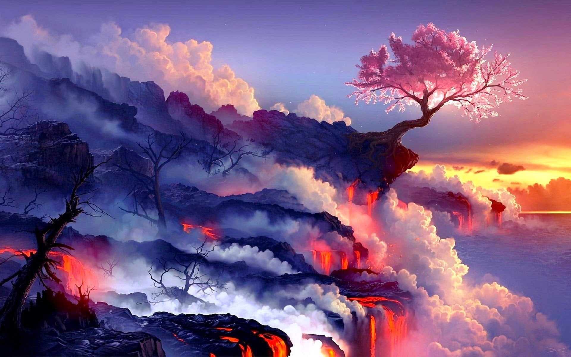 pink sakura tree wallpaper, sunset, fantasy art, lava, trees